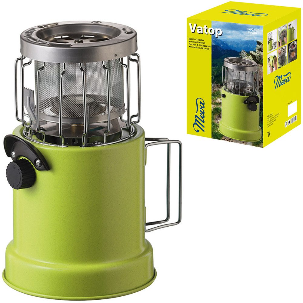PrimeVal Gaskocher 2in1 Touristenkocher mit Heizung für MEVA VATOP Gaskartuschen, (Spar-Set, 1-St., 14 x 15 x 23 cm faltbar), 2-in-1 Kocher & Heizung, Piezo, 1 kW, faltbar