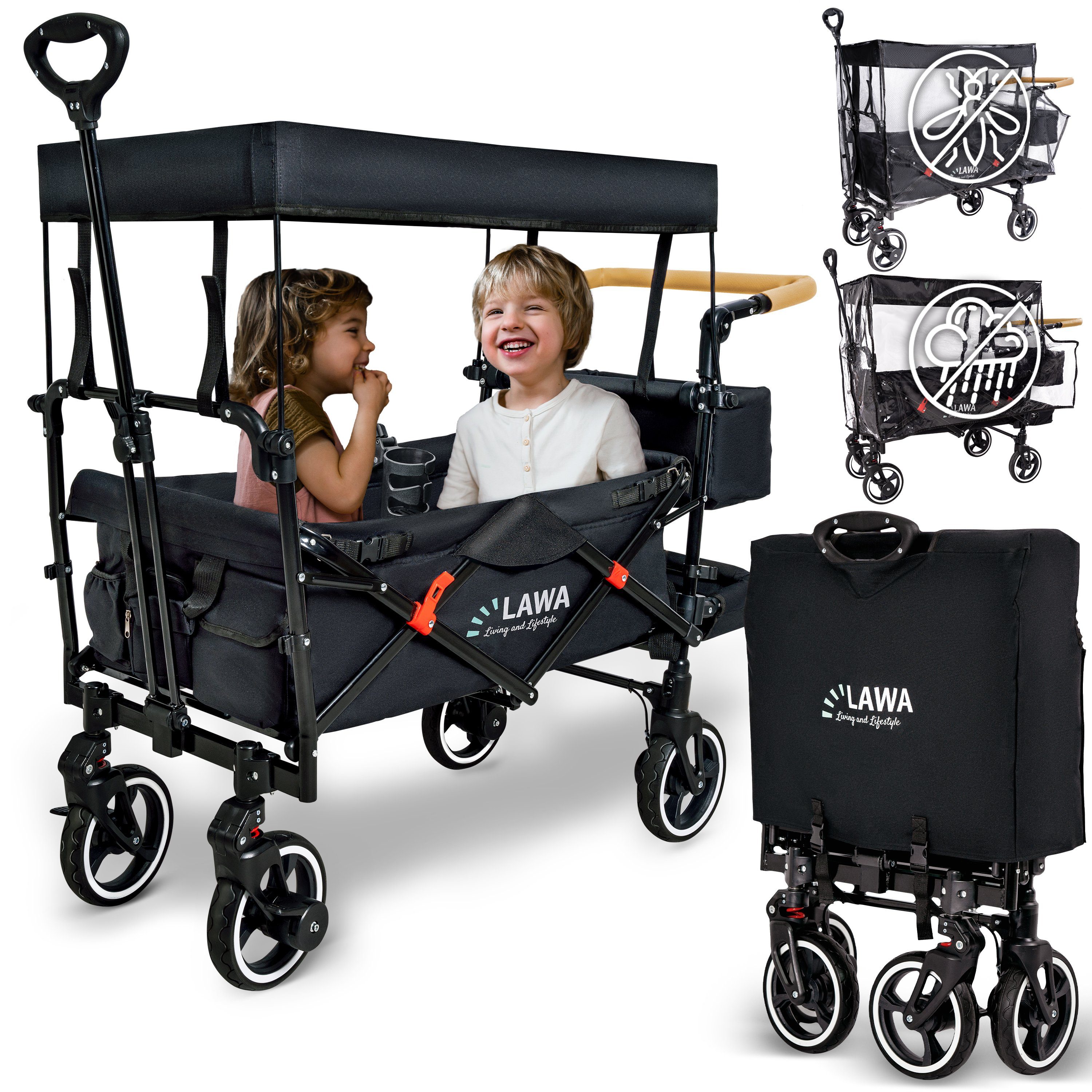 LAWA Living and Lifestyle Bollerwagen mit Dach für Kinder zum sitzen Handwagen faltbar zum schieben (Komplettset mit Regenhaube, Insektenschutz und Becherhalter), 80kg Tragkraft, schwarz