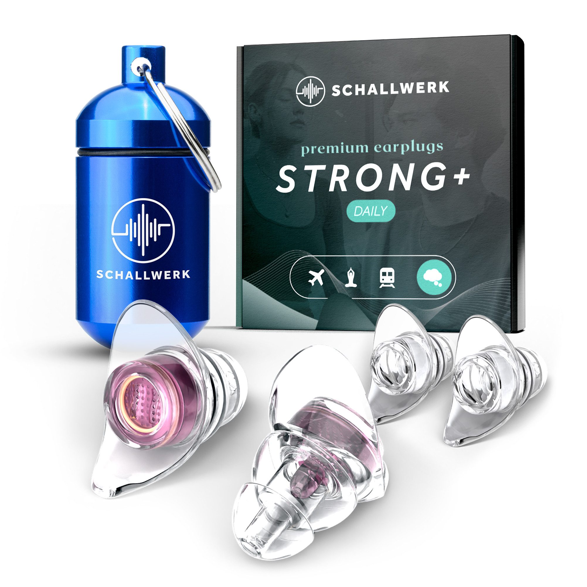 Schallwerk Gehörschutzstöpsel Strong+ Daily Ohrstöpsel dämpfen Lärm & erhalten Tonqualität, Ohrenstöpsel transparent mit Aufbewahrungsdose