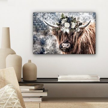 OneMillionCanvasses® Leinwandbild Schottische Highlander - Blumen - Nebel, (1 St), Wandbild Leinwandbilder, Aufhängefertig, Wanddeko, 30x20 cm