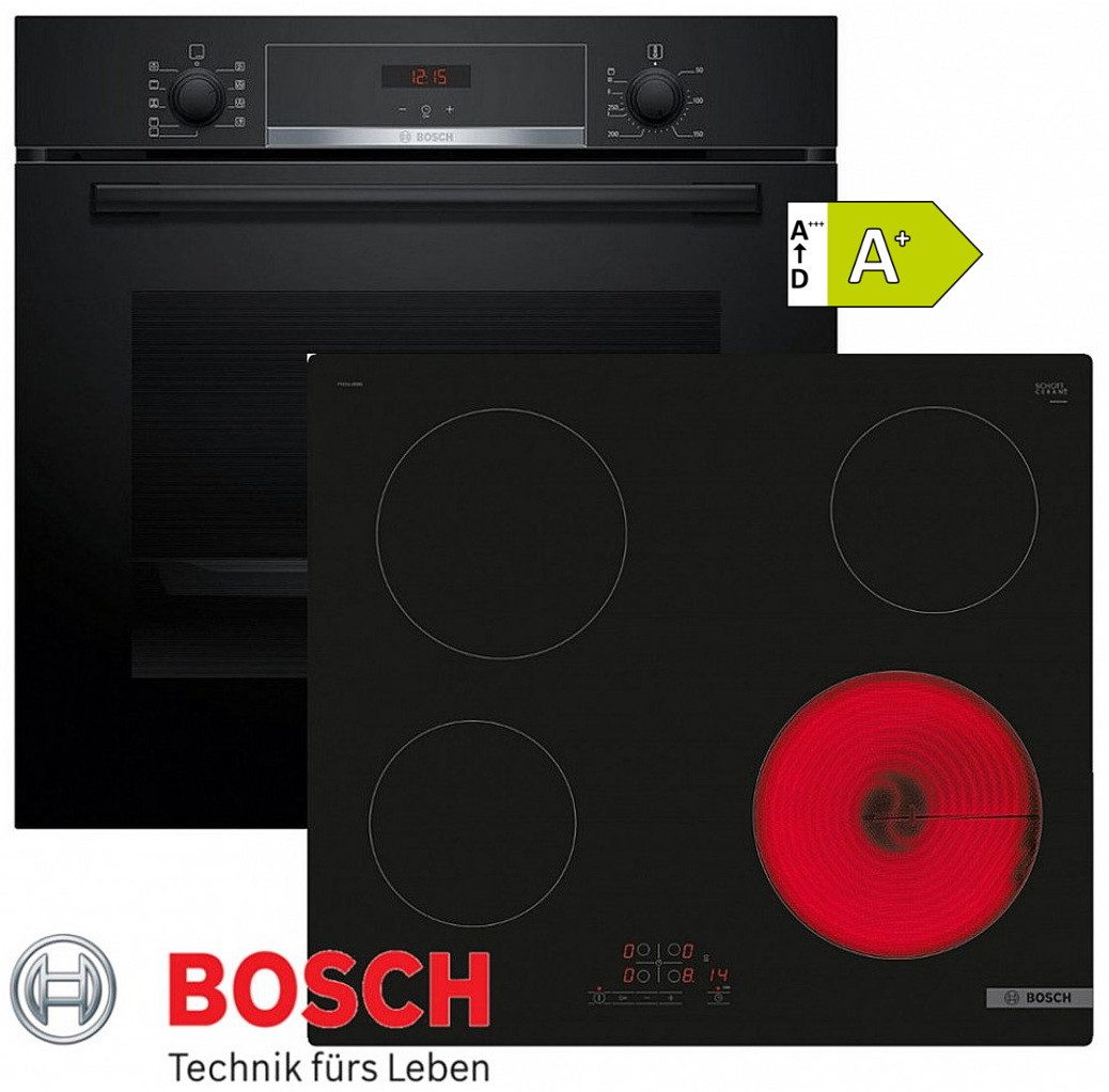 Elektro-Herd-Set Bosch Autark Schwarz Backofen 3D Heißluft +Glaskeramik Kochfeld 60cm