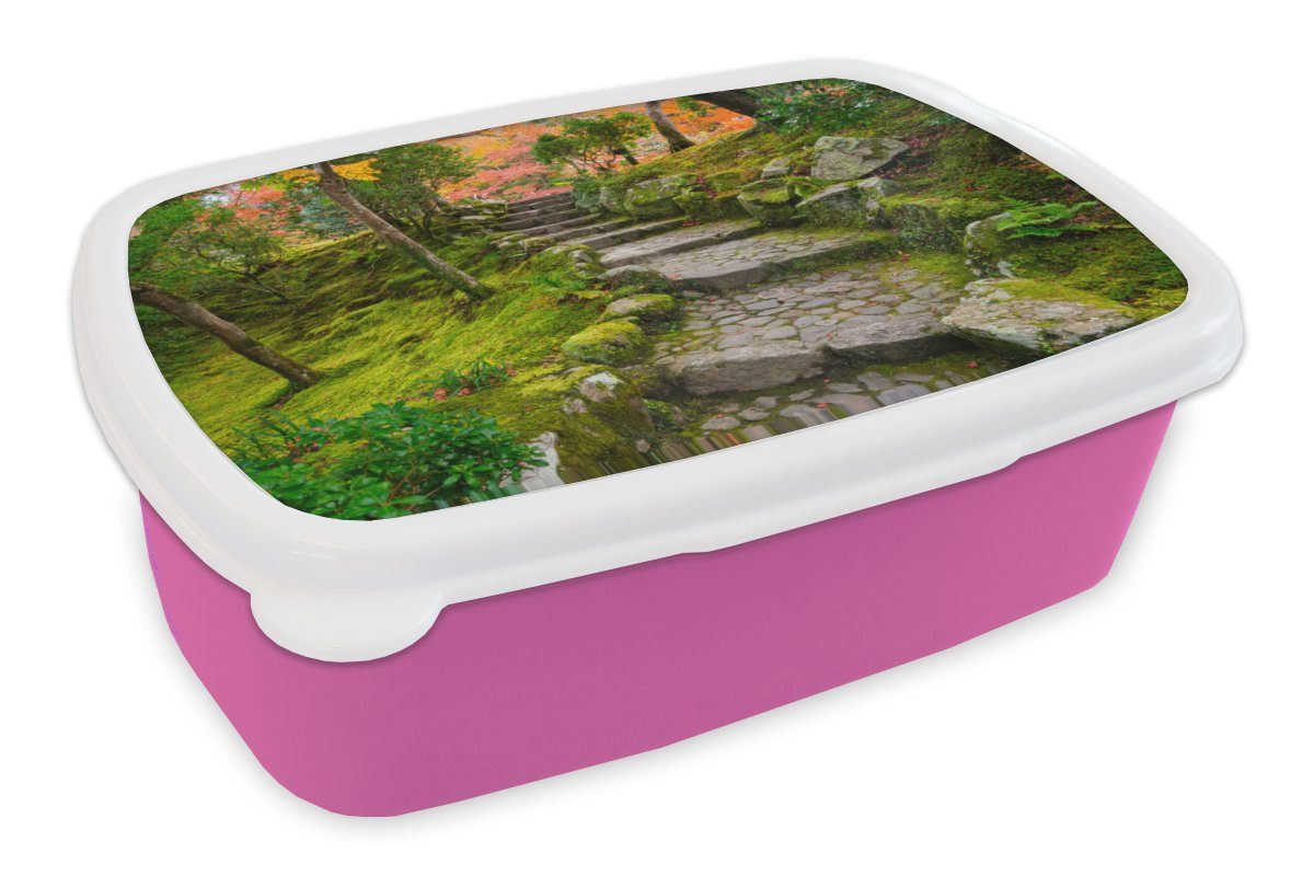 MuchoWow Lunchbox Natur - Steine - Kröte - Moos - Japanisch, Kunststoff, (2-tlg), Brotbox für Erwachsene, Brotdose Kinder, Snackbox, Mädchen, Kunststoff rosa