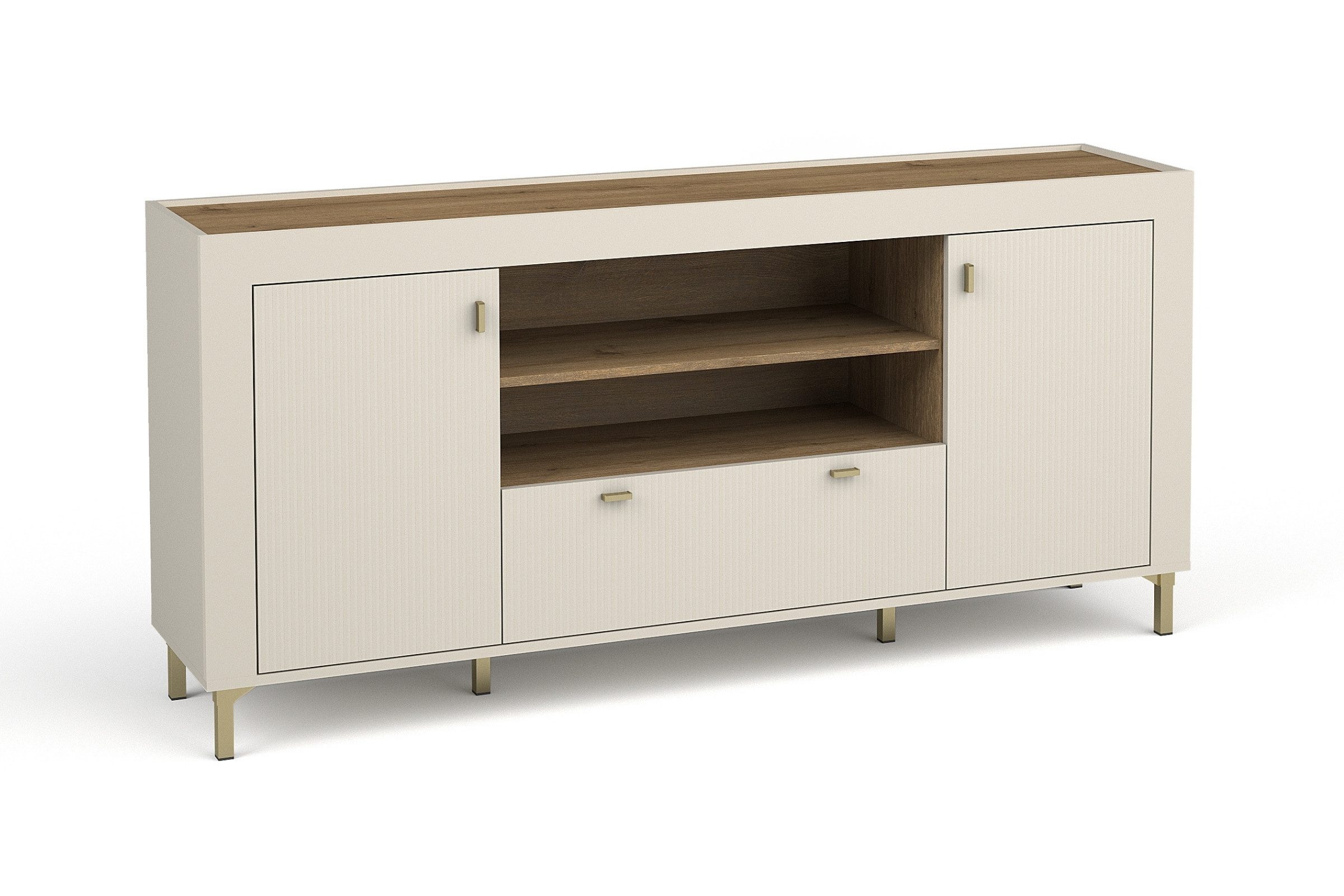 Deine Möbel 24 Kommode MONI 07 Sideboard mit 2 Türen und 1 Schublade, 177,2 cm breit (Set, 1 St., MONI - Kollektion, in Kaschmir, Weiß & Schwarz mit Eiche Whiskey), ideal für Wohnzimmer, Esszimmer, Flur, Schlafzimmer & Jugendzimmer