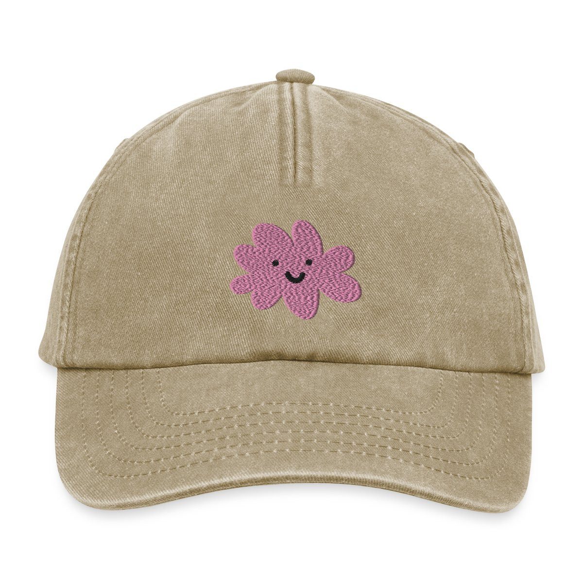 Spreadshirt Baseball Cap Fröhliche Rosa Blume Mit Lächelndem Gesicht Vintage Cap (1-St)