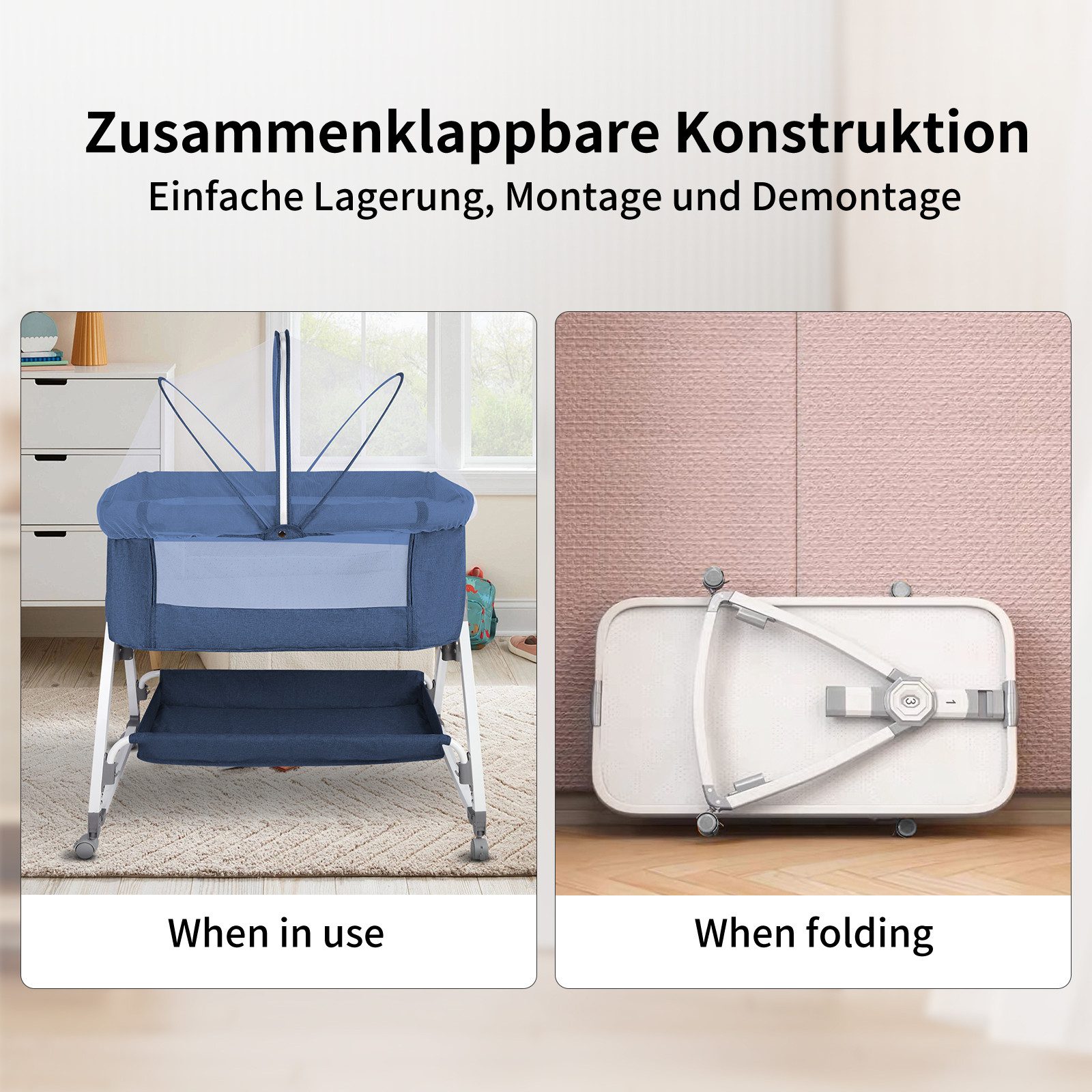 JEOBEST Beistellbett 3 in 1 Babybett, Schaukelmodus, mit atmungsaktivem Netz und Laken, mit Rollen Kinderbett, 6-Fach Höhenverstellung, Moskitonetz, Lagerung – Bild 4 von 5