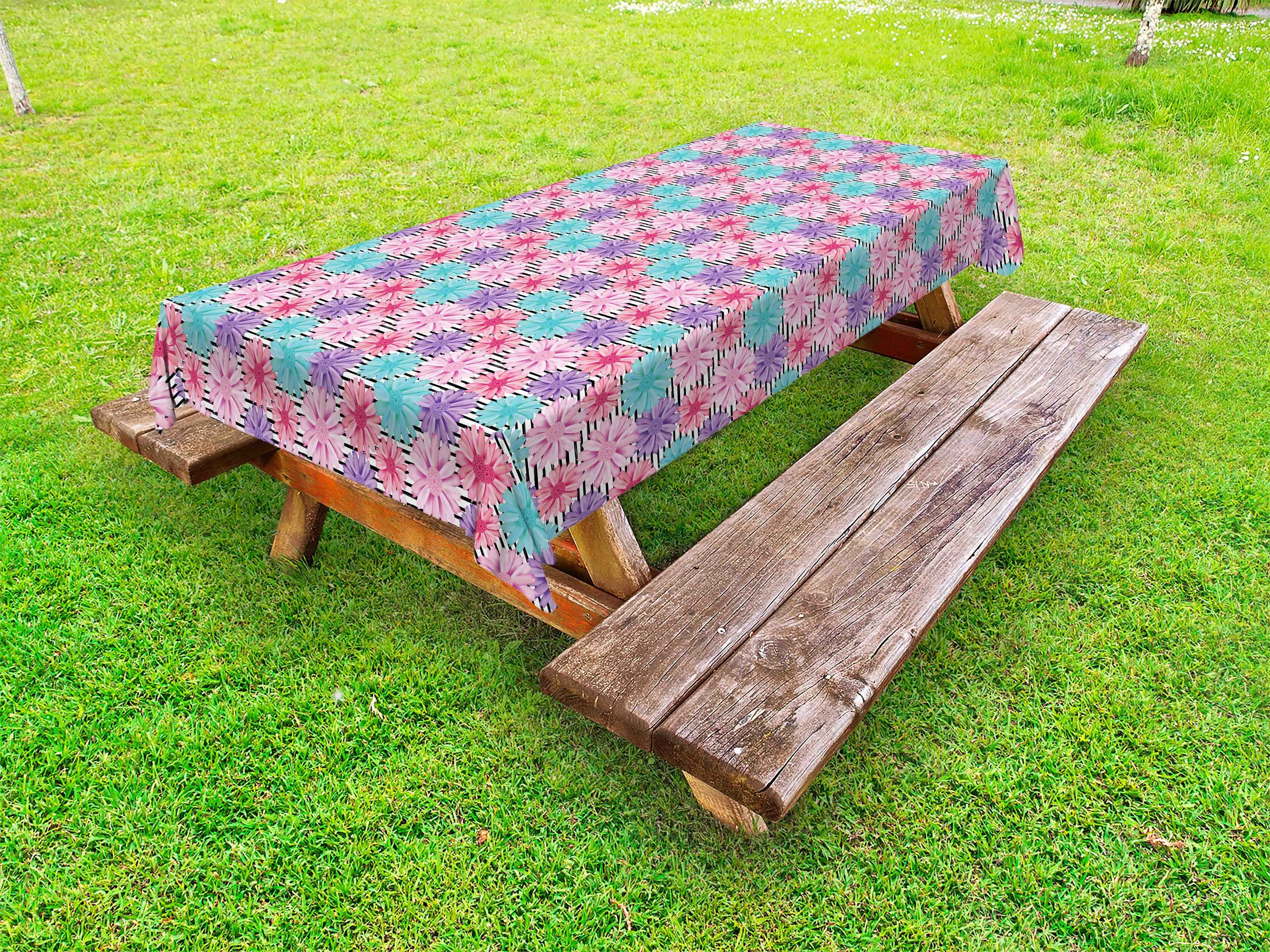 Abakuhaus Tischdecke dekorative waschbare Picknick-Tischdecke, Dahlie Bunte Blüten über Stripes