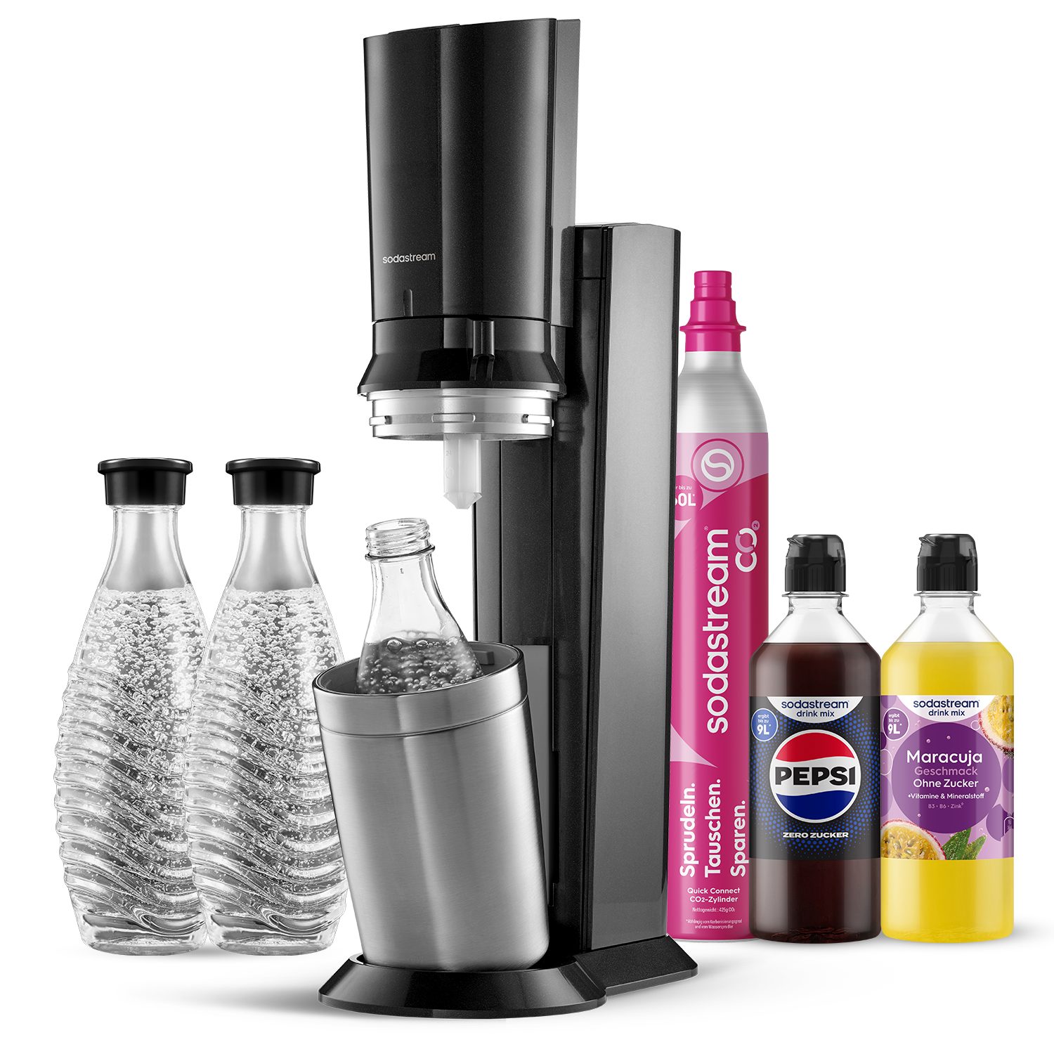 SodaStream Wassersprudler SodaStream CRYSTAL 3.0 mit 3 Glaskaraffen, 1 CO2-Zylinder und 2 Sirups, (Sirups: 1x Pepsi Zero Zucker, 1x Maracuja ohne Zucker), mit Quick-Connect-System