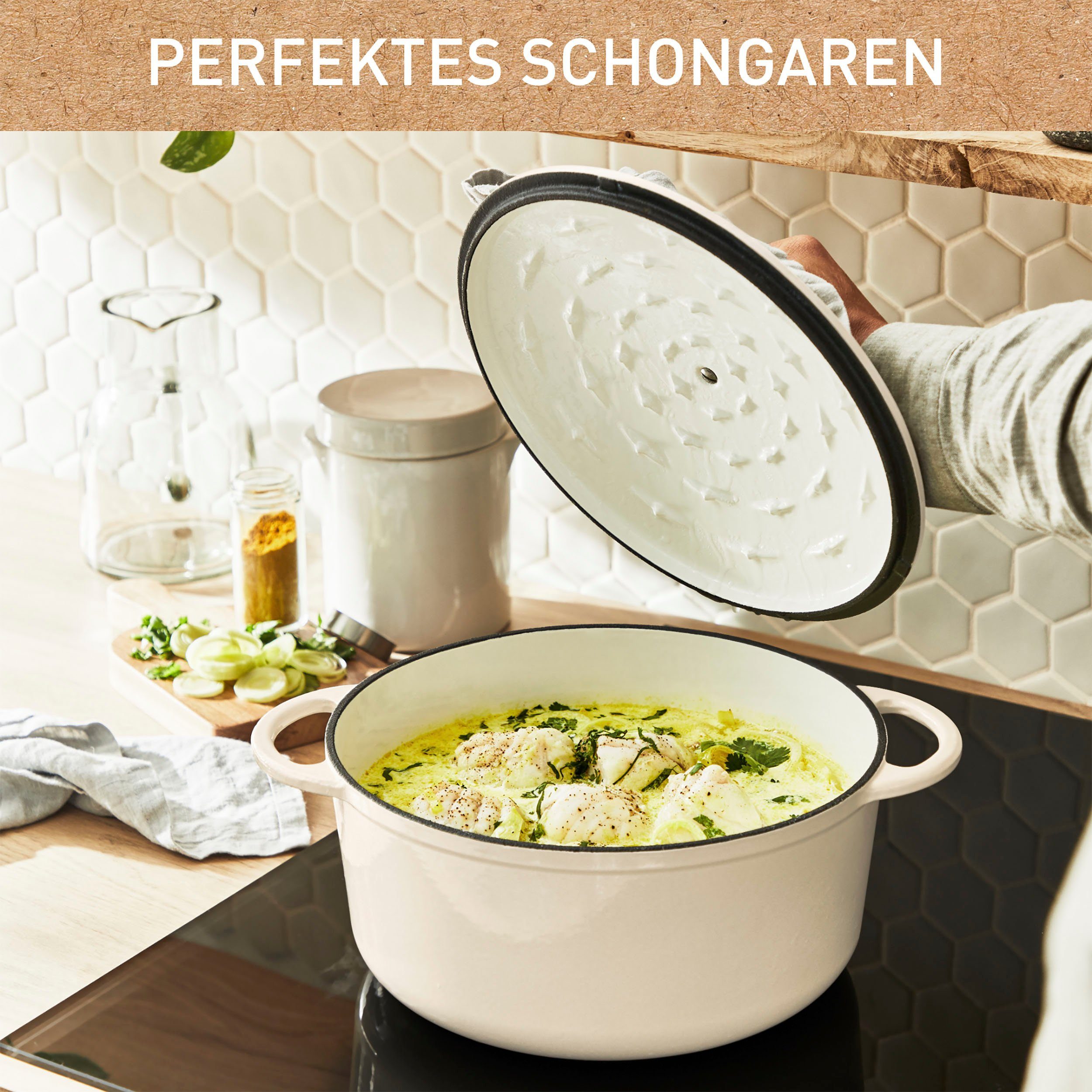 Ø25 unbedenkliche Tefal cm, beige Pigmente,Schongaren, Gusseisen (1-tlg), Kochtopf Induktion LOV, umweltfreundlich,