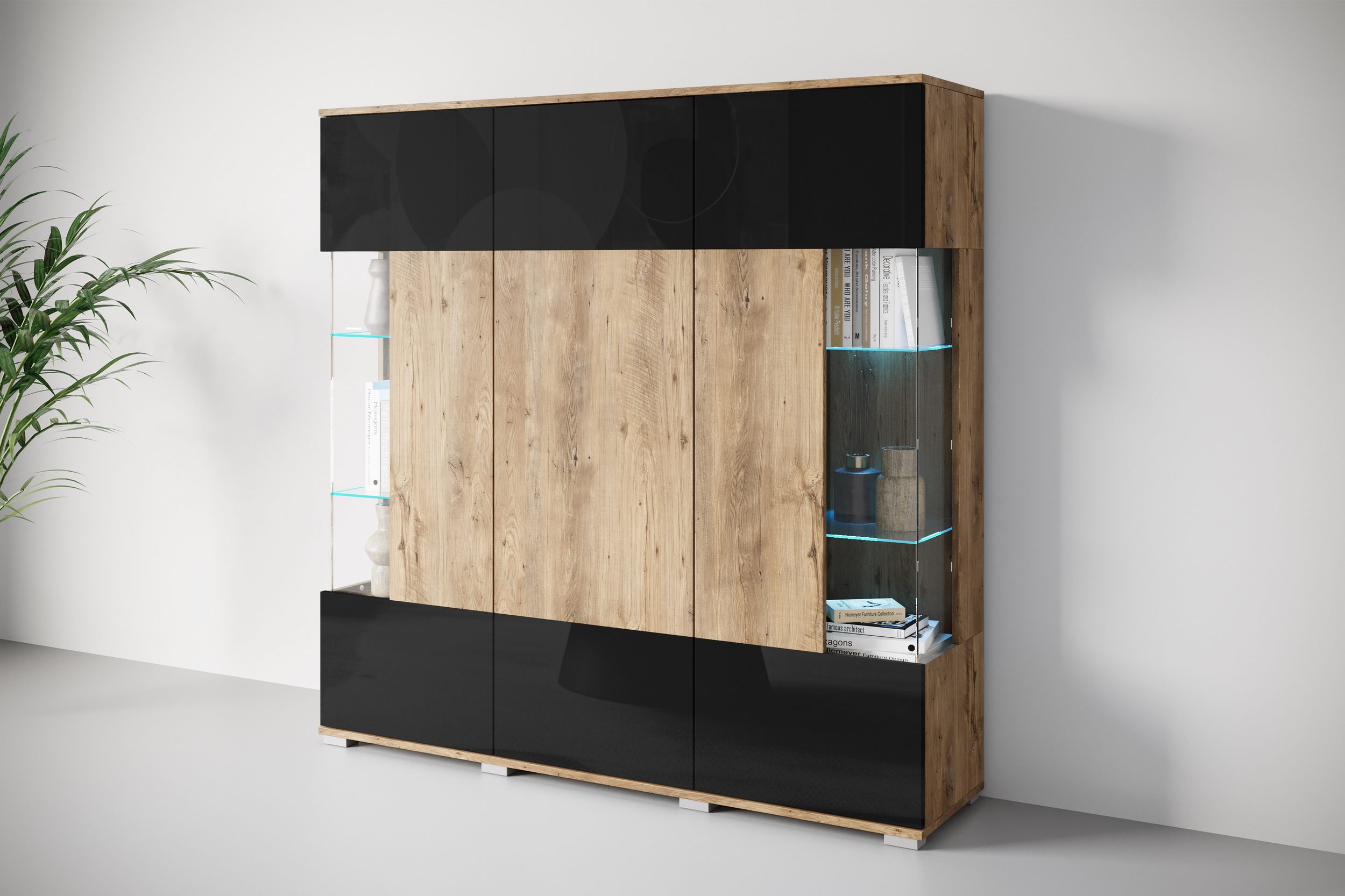 Highboard KENIA Kastanien Breslau / Schwarz Hochglanz von INOSIGN