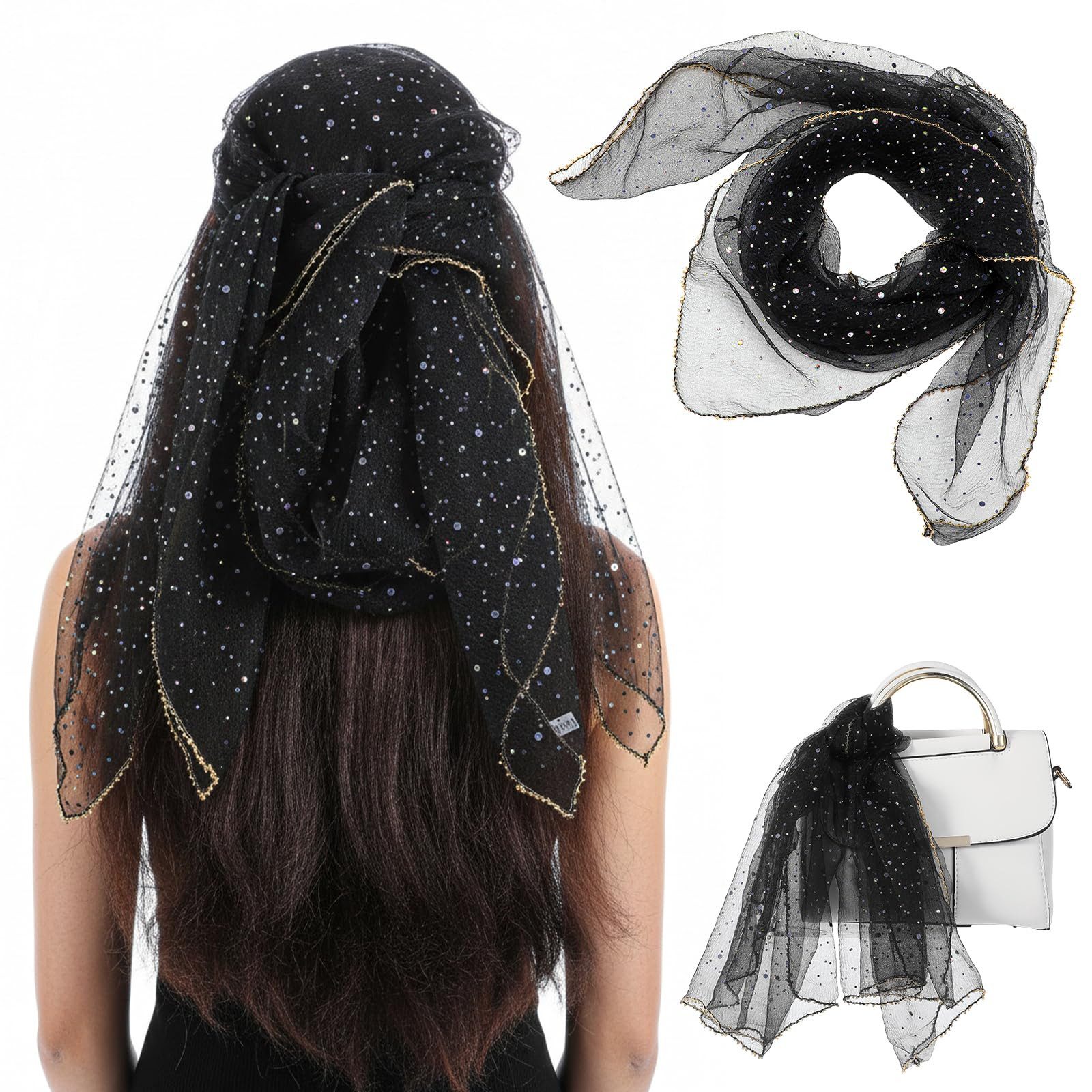 Zaewry Kopftuch Modisches Damen-Kopftuch/Haarband, quadratisches Strass-Seidentuch, Damenschal/Schultertuch, elegantes Halstuch/Kopftuchmütze