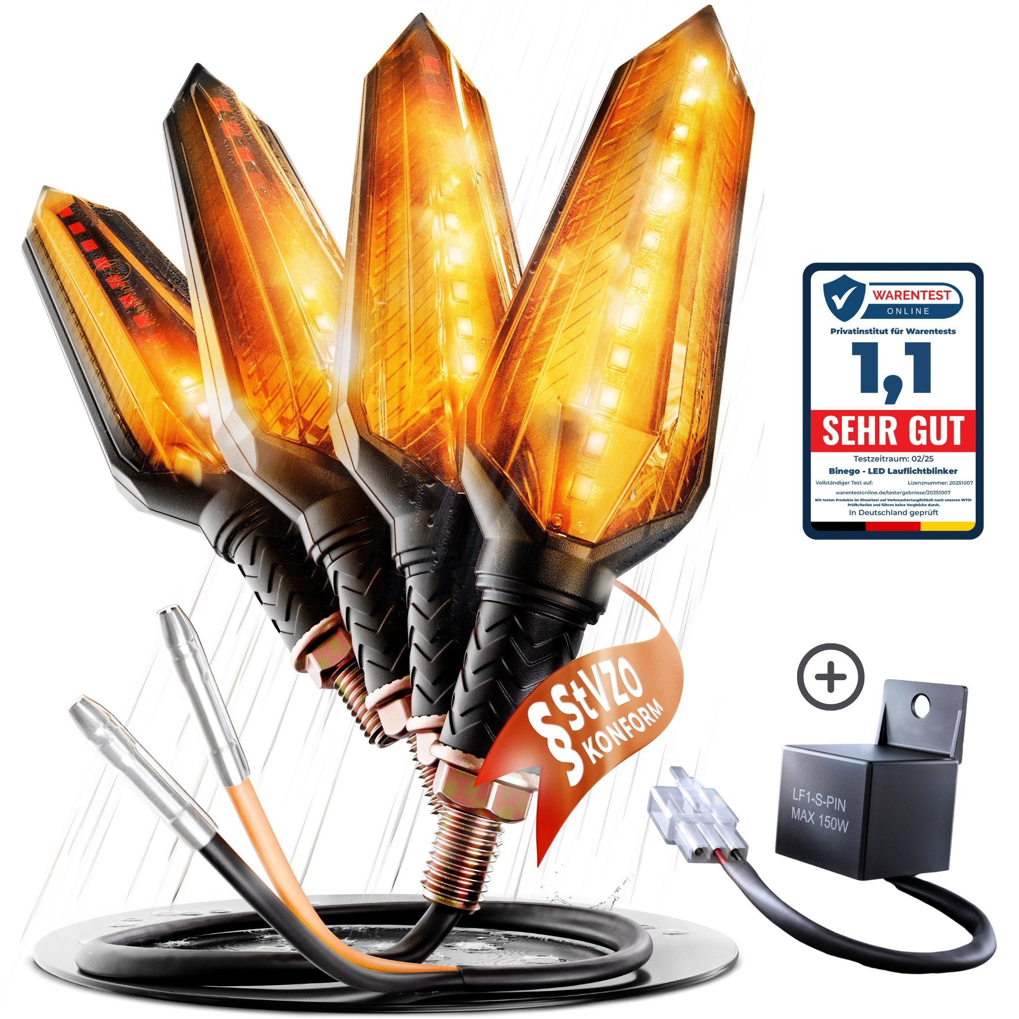 Binego Blinker LED Motorrad E Geprüft Mini Getönt Lauflicht Universell, Lauflicht, LED fest integriert, Gelb, Lauflicht, getöntes Blinkerglas