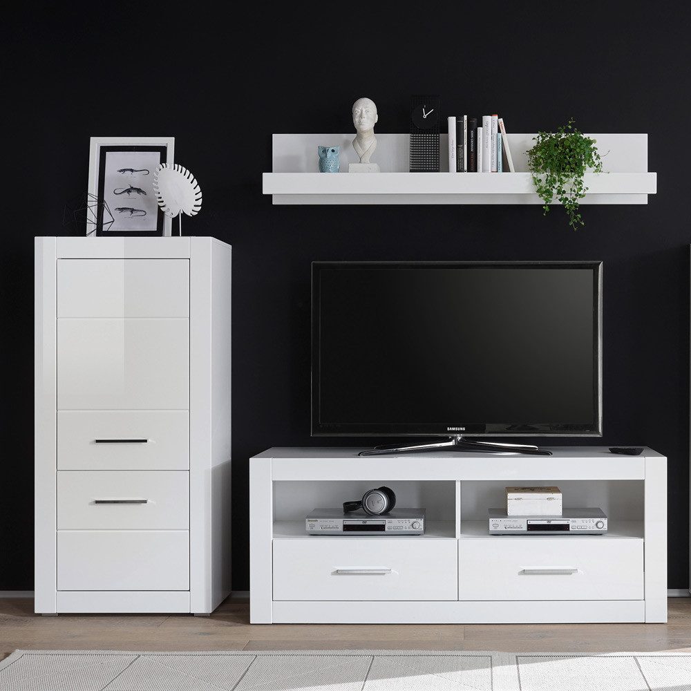 Lomadox Wohnwand BALVE-61, (4-St), TV Media Hochglanz weiß mit Wandboard & Kommode BxHxT: 230x139x45cm