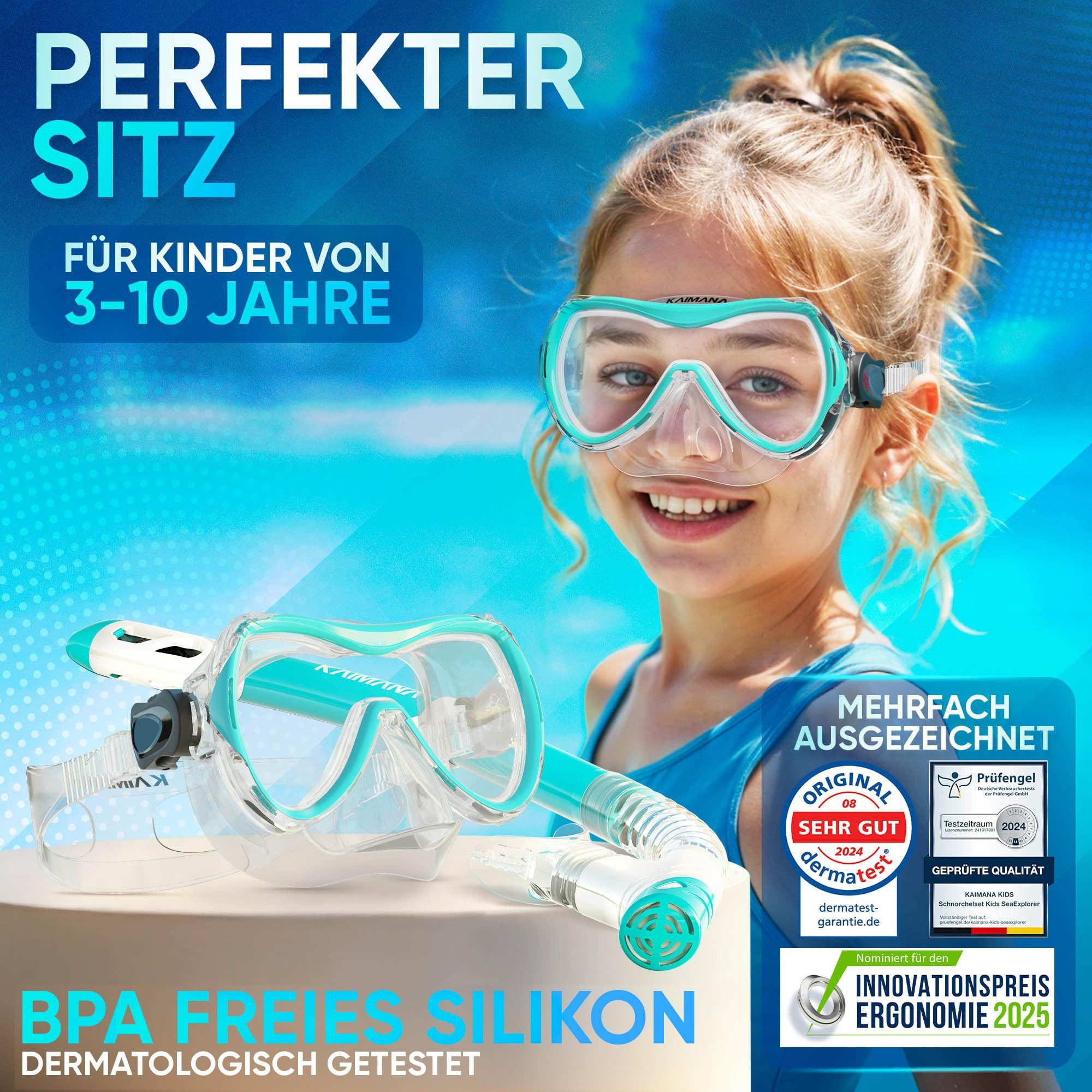 KAIMANA Tauchermaske SeaExplorer Schnorchelset Kinder inkl. Tragetasche, (Taucherbrille mit Schnorchel, Taucherbrille Kinder), Taucherbrille mit Stoffband/Silikonband