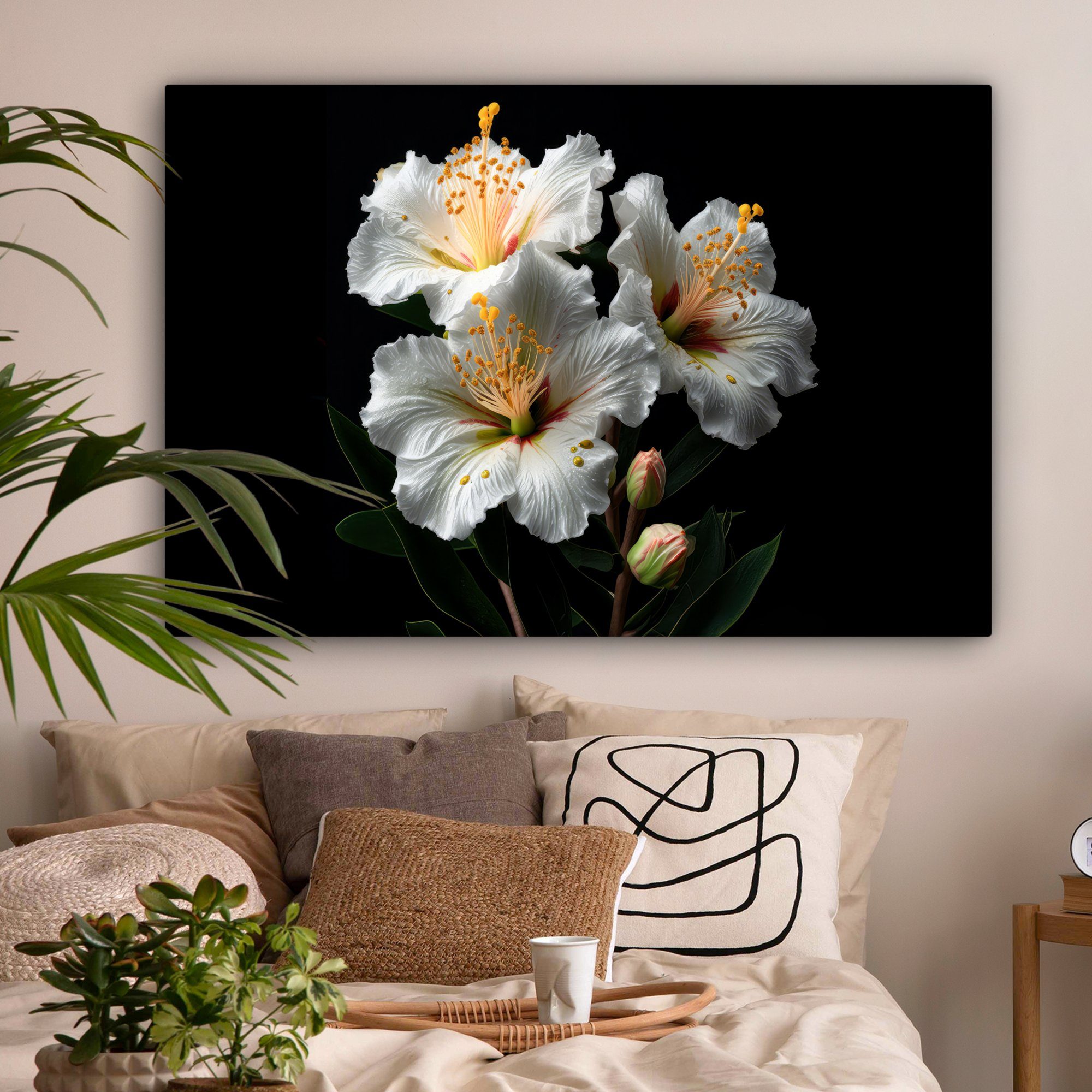 OneMillionCanvasses® Leinwandbild Blumen - Weiß - Hibiskus - Natur - Schwarz, Fotodruck (1 St), Wandbild XXL für Wohnzimmer Küche 120x80 cm