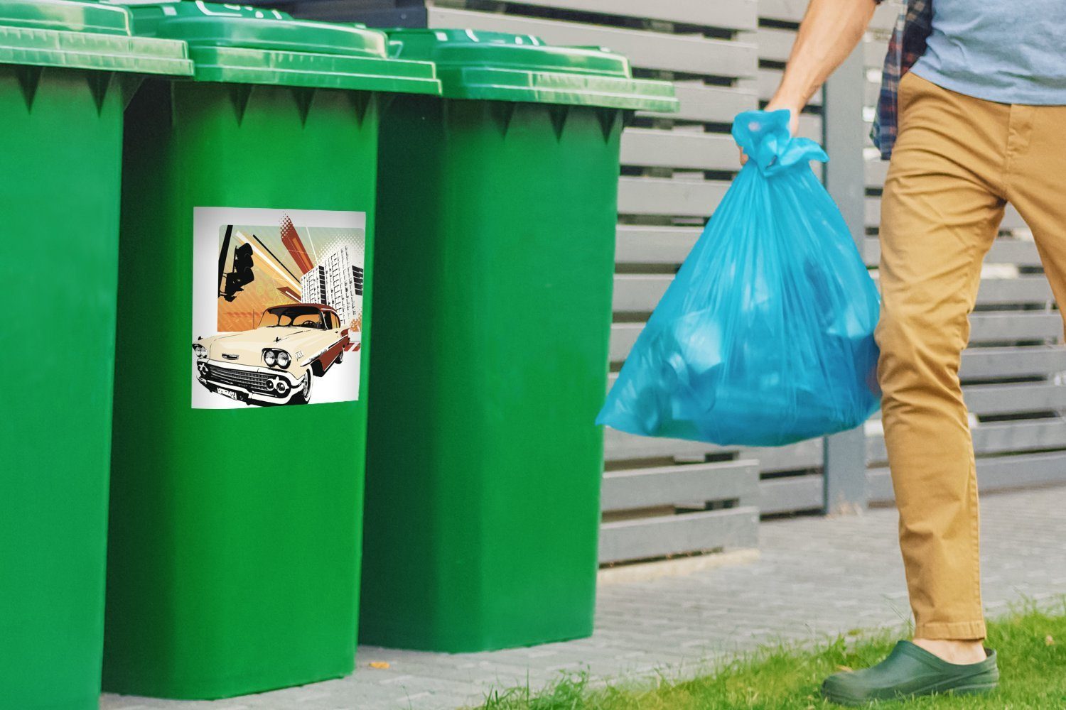einer (1 Mülltonne, Container, Mülleimer-aufkleber, eines Abfalbehälter MuchoWow St), Oldtimers Sticker, in Wandsticker Stadt Illustration