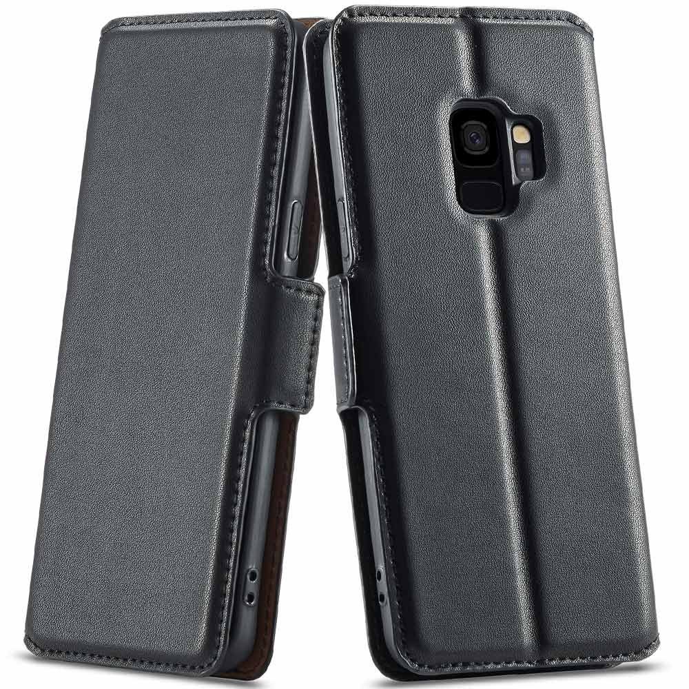 FITSU Handyhülle Flipcase für Samsung Galaxy S9 Handytasche Schwarz, Schlanke Handyhülle mit Geld- bzw. Kartenfach und Standfunktion