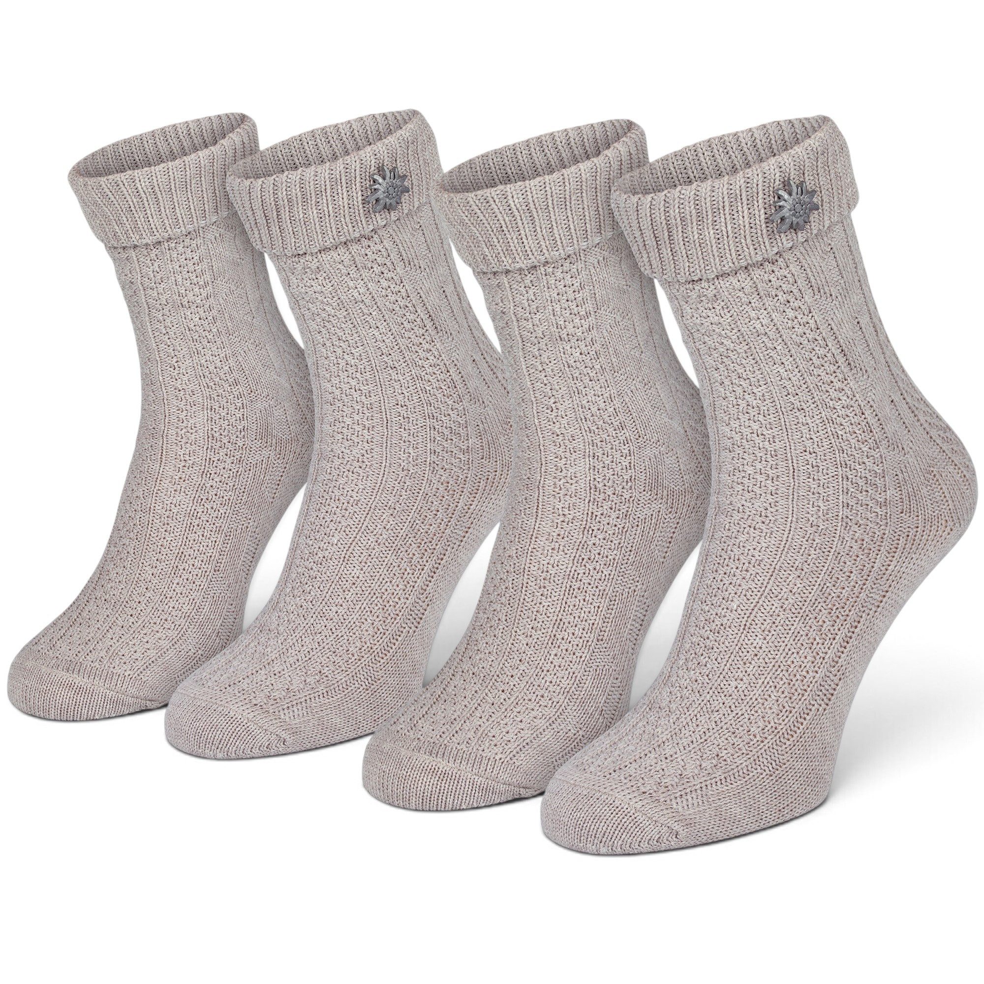 Black Snake Trachtensocken Oktoberfest-Schoppersocken mit Edelweiß-Pin, für Damen & Herren (2-Paar) Abnehmbarer Edelweiß-Pin, klassisches Zopfmuster, weicher Umschlagbund