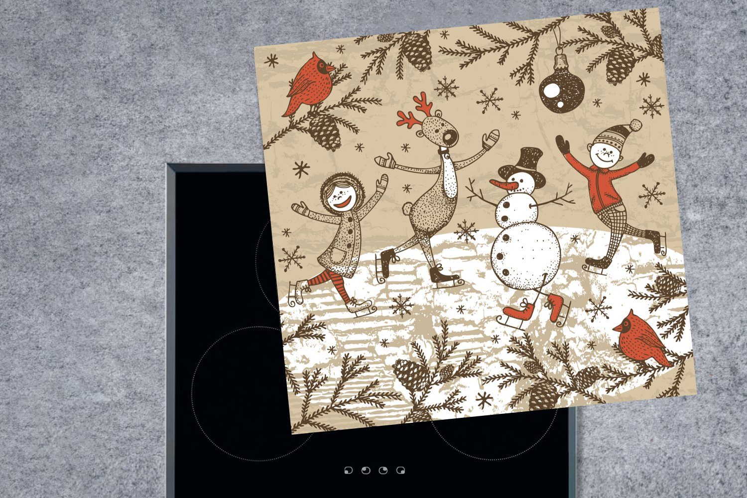 MuchoWow Herdblende-/Abdeckplatte Illustration Weihnachten - - Schneemann, Ceranfeldabdeckung, (1 Arbeitsplatte Vinyl, 78x78 cm, tlg), küche für