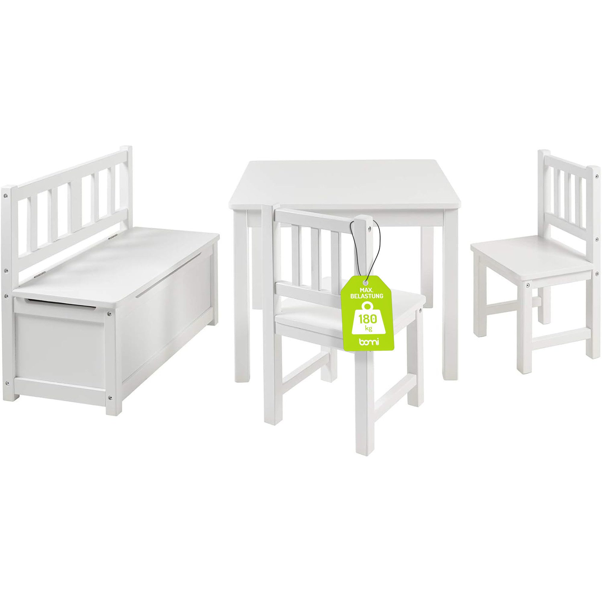 BOMI Kindersitzgruppe Holzsitzgruppe Anna, (Set, 4-tlg., 1x Tisch, 1x Truhenbank & 2x Stühle), Kindertischgruppe aus Holz, als Spiel- & Maltisch