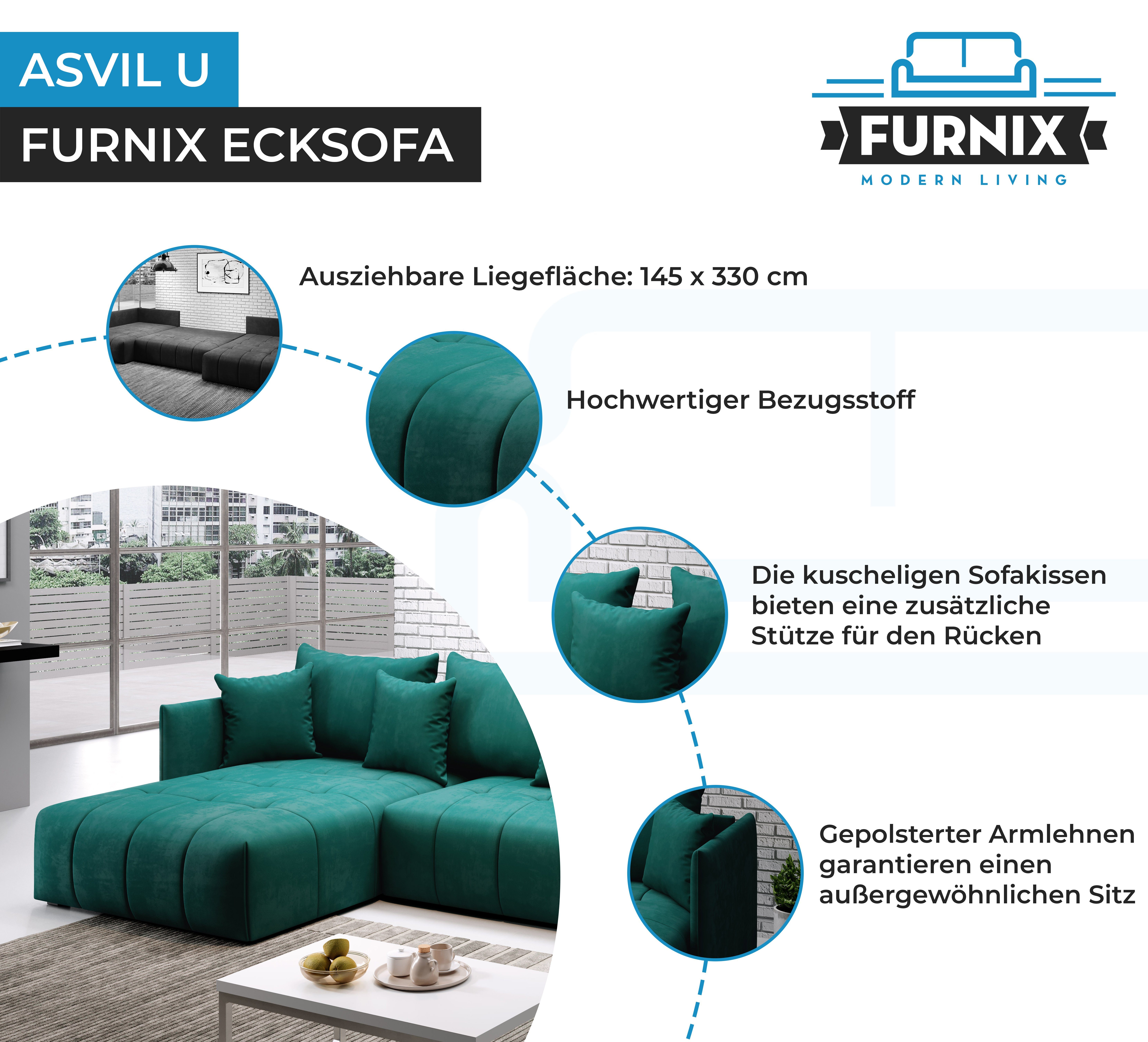 x H80 und Made in mit U-Form-Sofa Schlaffunktion Europe B353 Bettkasten, ASVIL Farbauswahl, Ecksofa x Grün MH37 Furnix cm, T180