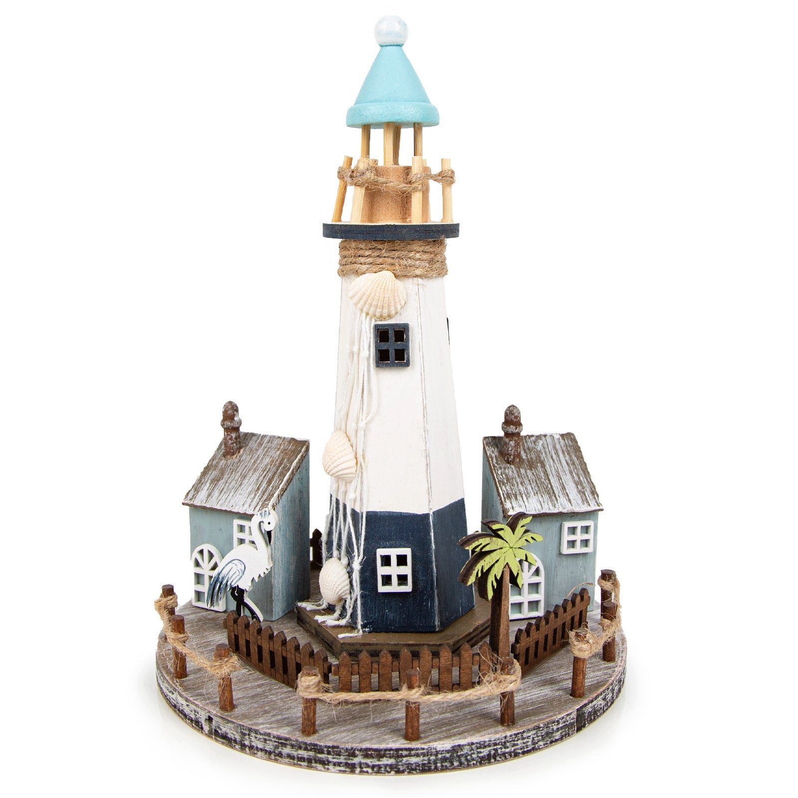 Logbuch-Verlag Dekofigur Leuchtturm mit Strandhäuser aus Holz blau türkis weiß 16 x 16 x 22 cm