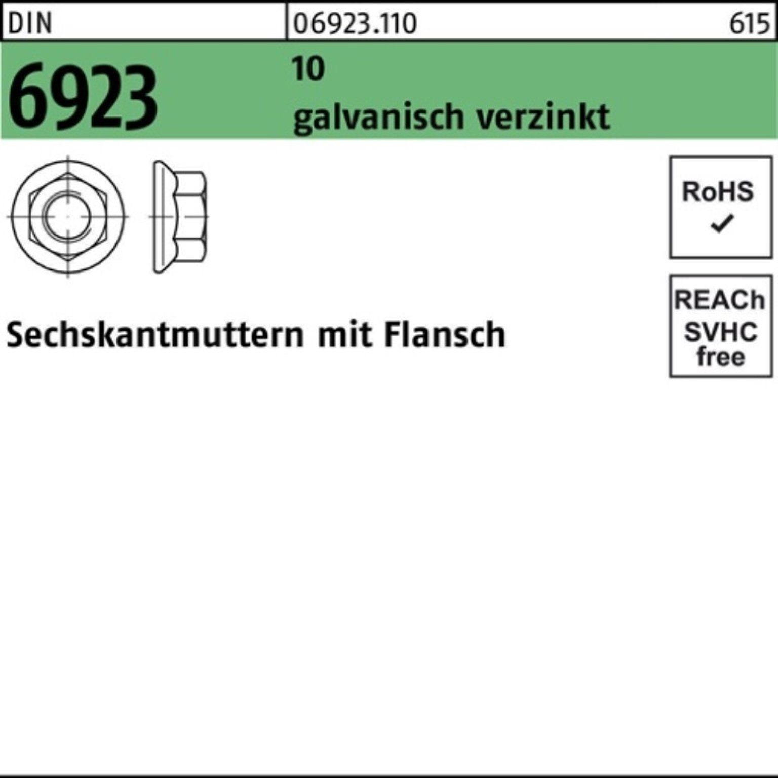 Reyher Muttern 500er Pack Sechskantmutter DIN 6923 Flansch M10 10 galv.verz. 500 Stü