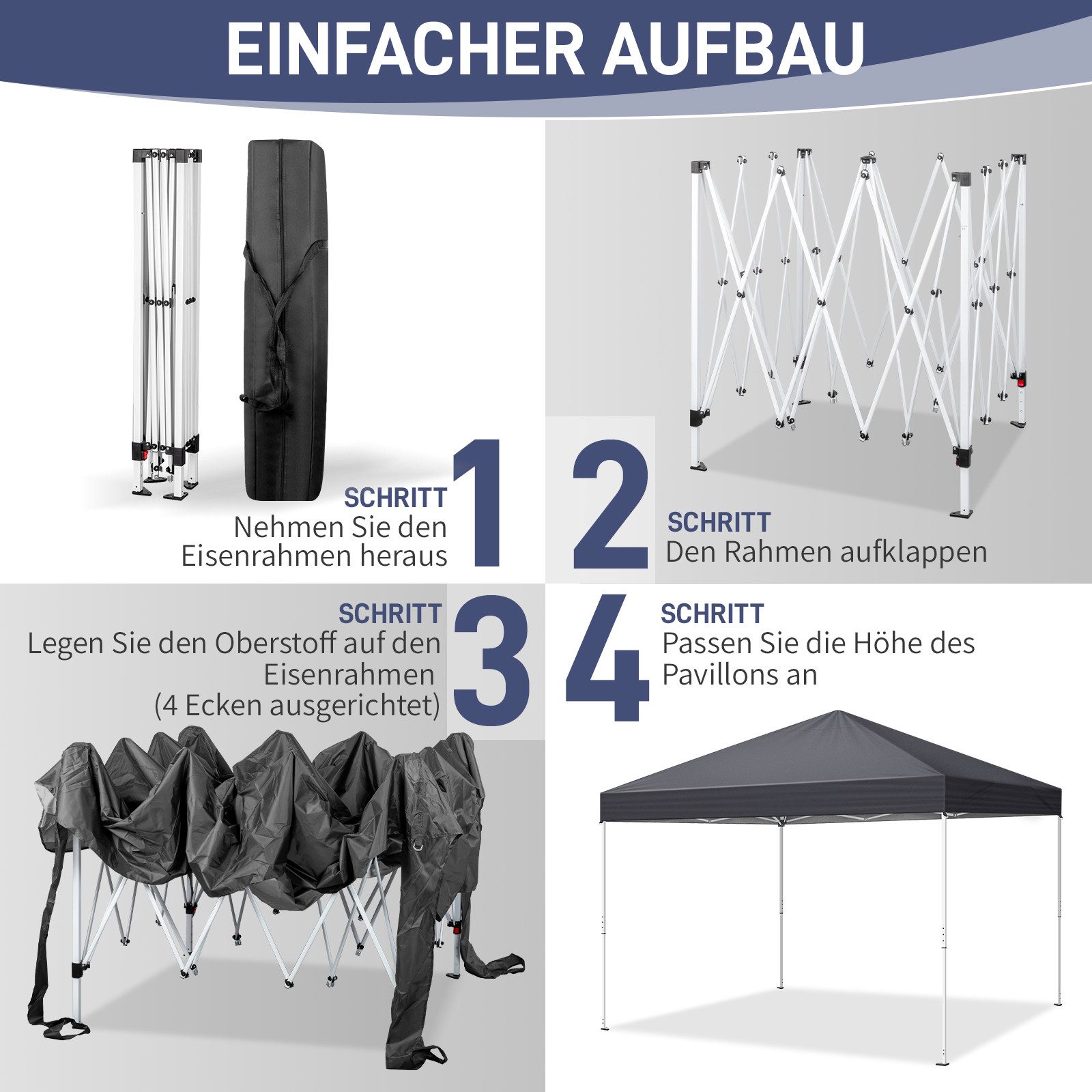 LEADZM Faltpavillon 3x3m mit 4 Netzseitenwänden, höhenverstellbar, UV-Schutz, Pop-Up Gartenpavillon 3×3m mit Moskitonetz, klappbarer inkl. Zubehör – Bild 2 von 5
