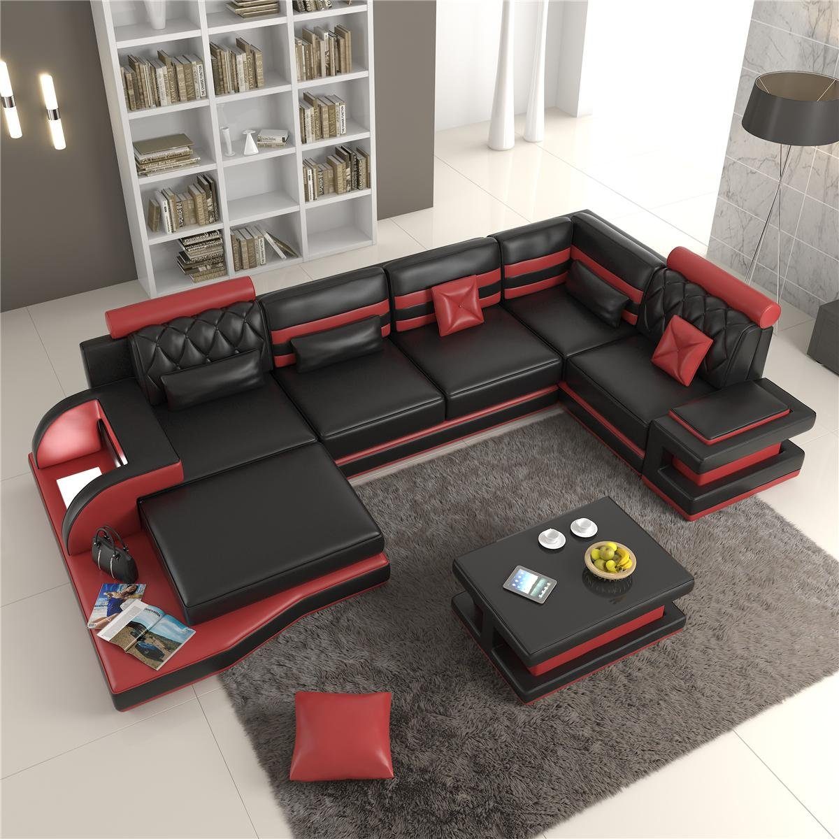 JVmoebel Ecksofa Ecksofa Ledersofa Big xxl U Form Wohnlandschaft Sofa Couch, Made in Europe Schwarz/Rot