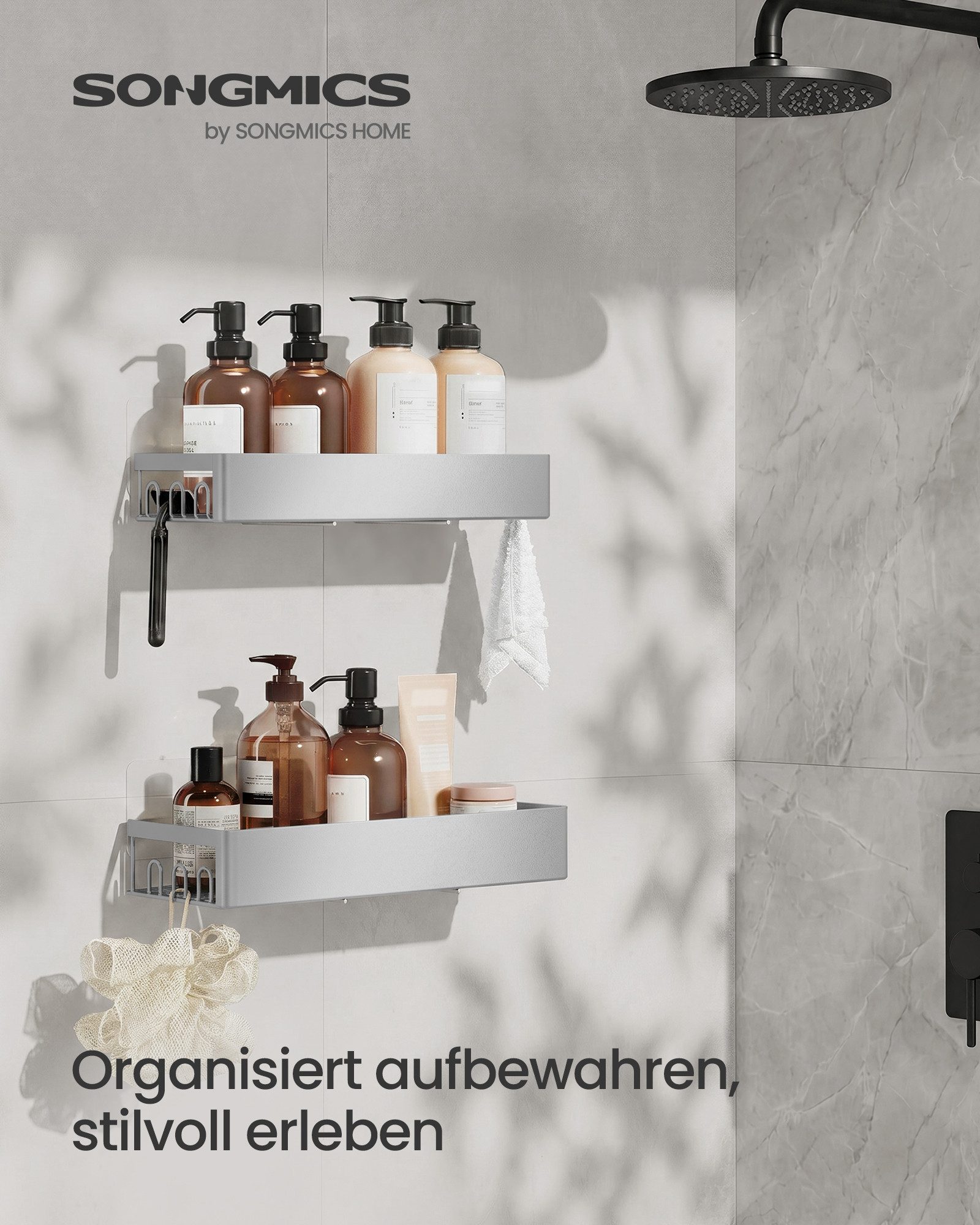 SONGMICS Duschablage Duschregal, ohne Bohren, rostfrei, aus Stahl, Shampoo Halterung, Badezimmer Organizer, 31,5 x 12,5 x 5 cm, 2er Set