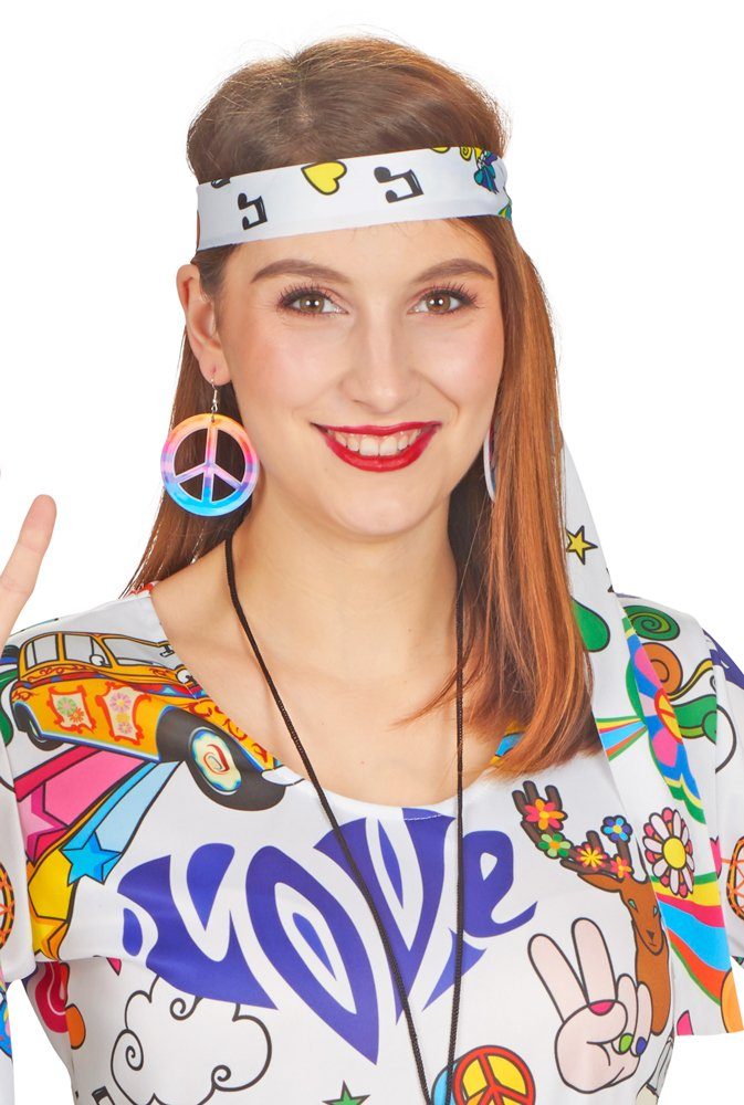andrea-moden Kostüm Hippie Flower Power Damen Kleid 'Hope', Weiß Bunt