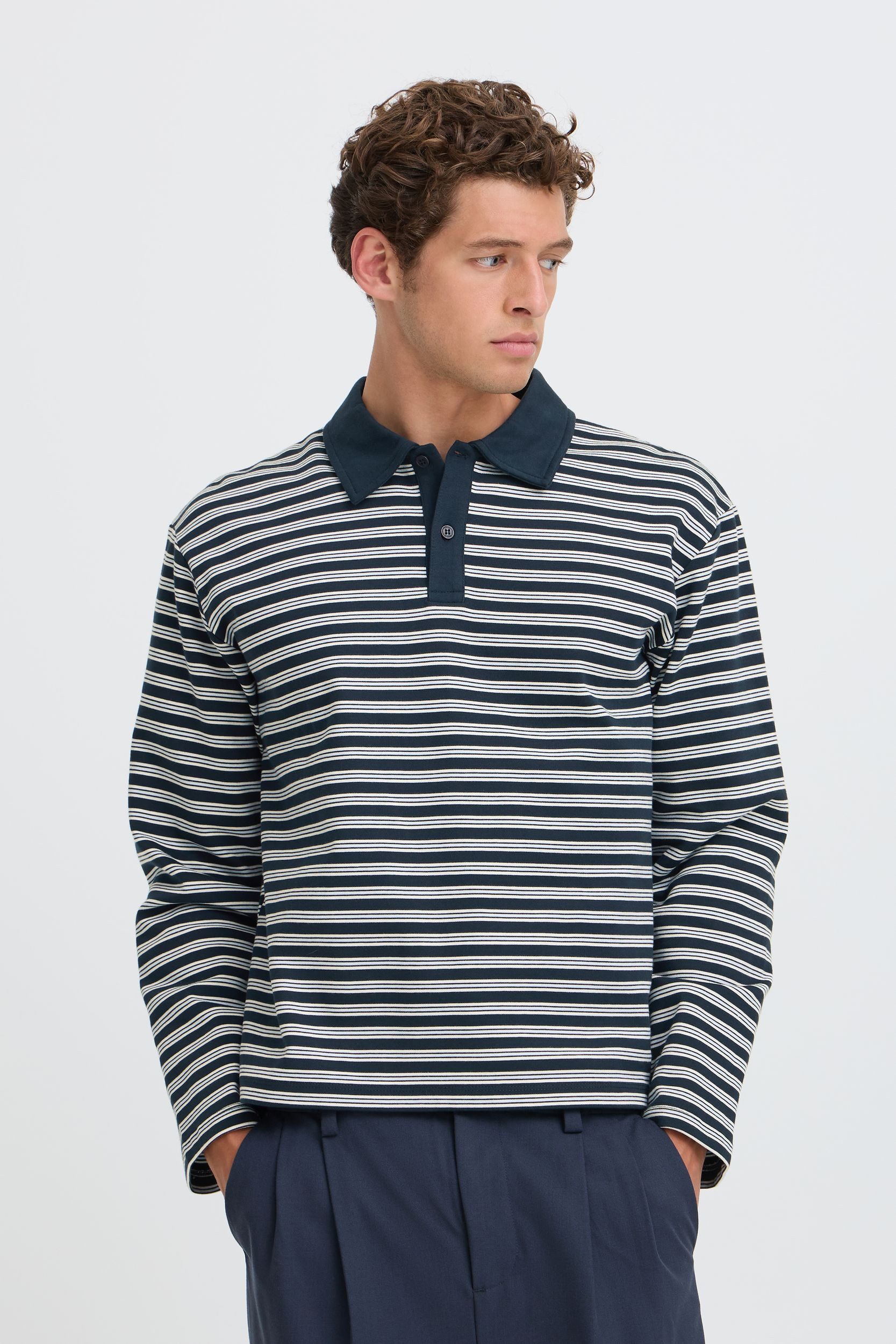 Casual Friday Sweatshirt Streifenmuster Regular Fit Polokragen Knopfleiste Modisch für Herren Doppelstreifen, Kontrastkragen, Gestreift, Polokragen