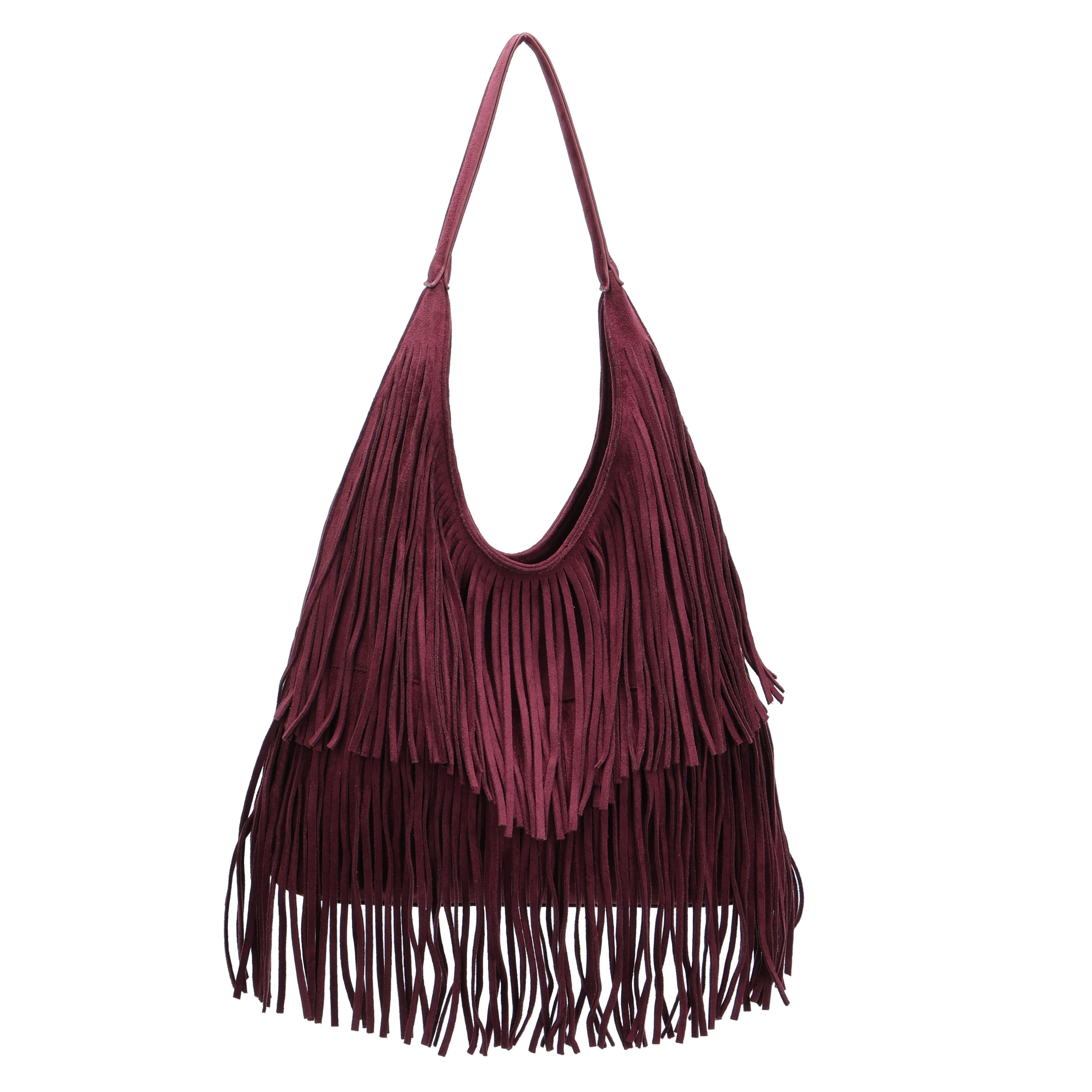 MIRROSI Shopper Damen Fransen Schultertasche Wildleder-Optik aus Polyester (Boho Hobo Bag mit Reißverschluss & Innenfach, ca. 39 x 12 x 33 cm), Neue Kollektion Herbst/Winter 2026
