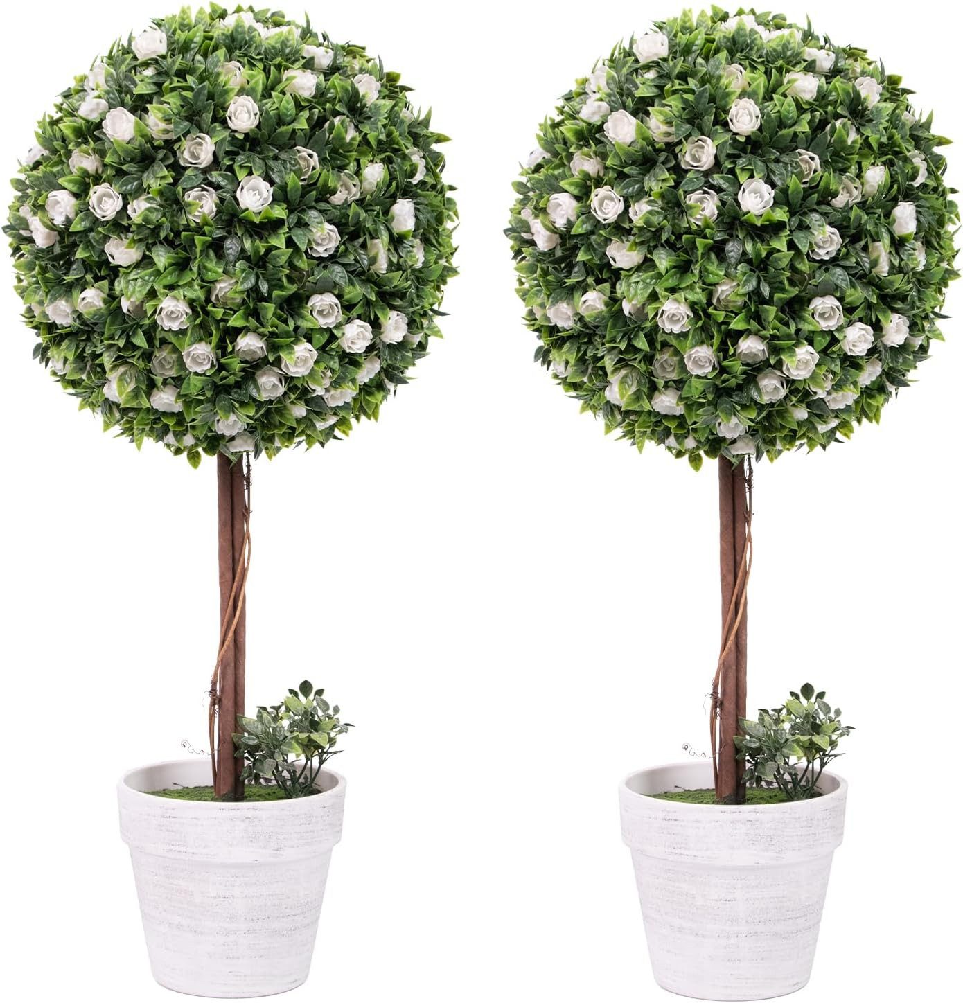Kunstbaum 2er Set 58 Cm Kunstbuchsbaum Kugel Mit Blüten, GarveeMore
