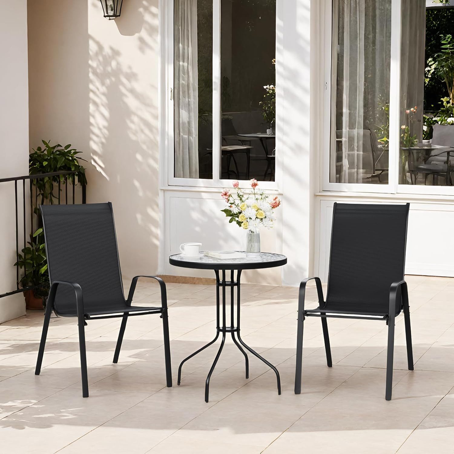 TLGREEN Balkonset 3-teiliges Gartenmöbel-Set,Balkonmöbel Set,Bistroset, (Gartenmöbel-Set, mit Terassentisch Rund (Gehärtetes Glas) + 2 Stapelstuhl), Für Terrasse Balkon Garten Restaurants
