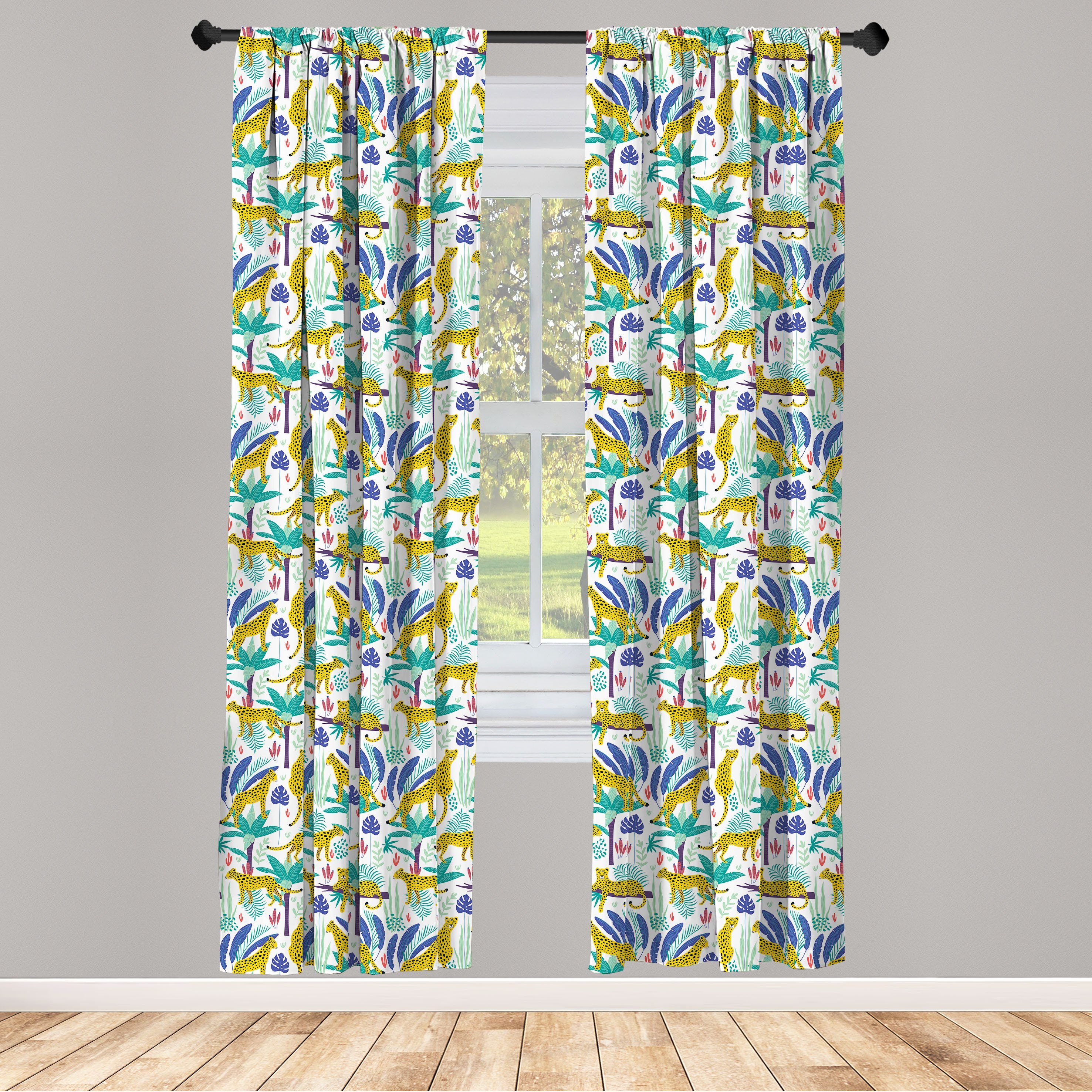 Gardine Vorhang für Wohnzimmer Schlafzimmer Dekor, Abakuhaus, Microfaser, Urwald Leoparden und tropische Blatt-