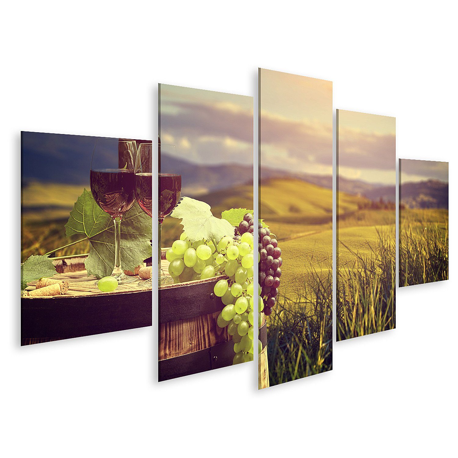 Leinwandbild Bild auf Leinwand Rotweinflasche und Weinglas auf Wodden Barrel Schöne