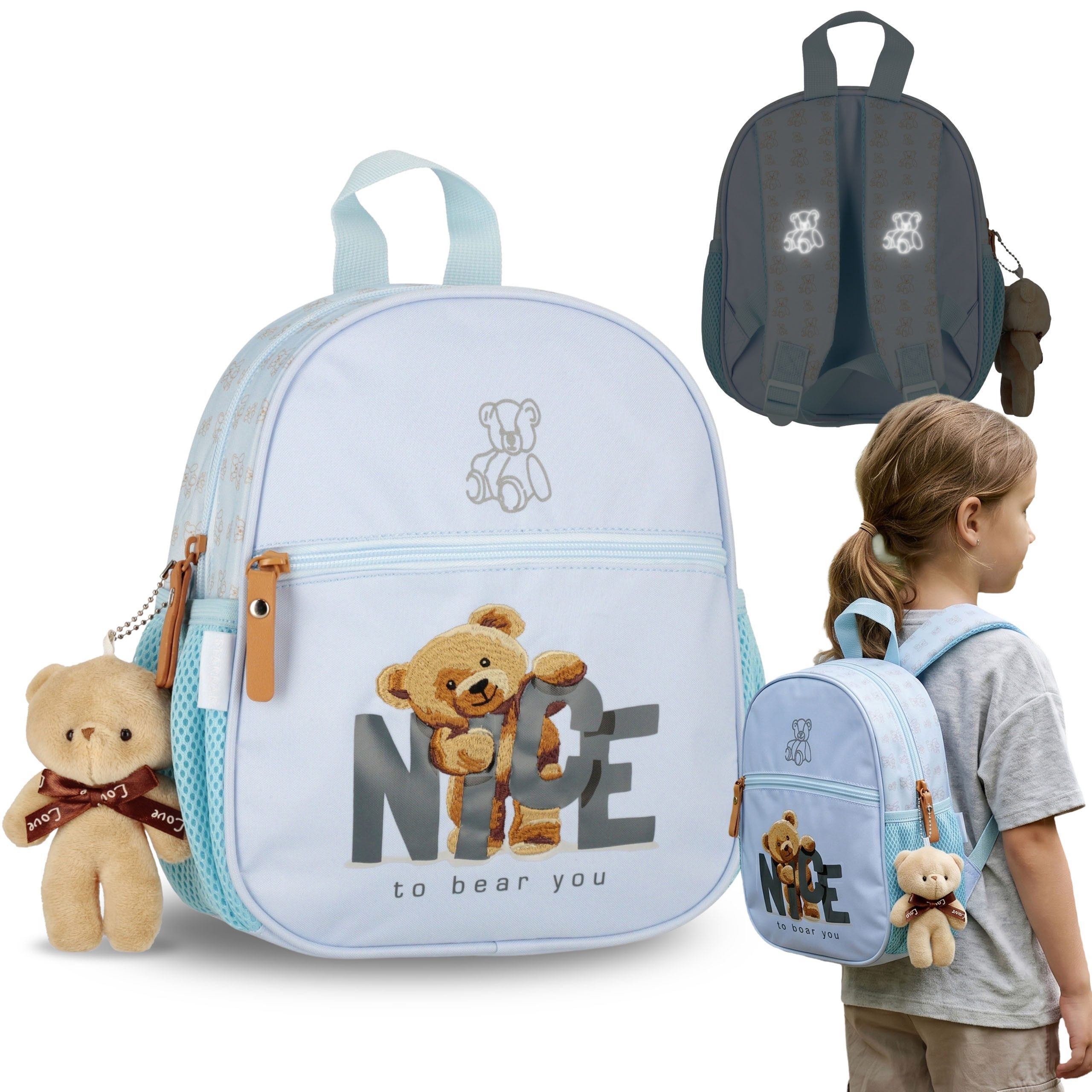 Sarcia.eu Vorschulranzen Blauer Bär Kinderrucksack Mädchen 5 L mit Reflektoren Ausflüge