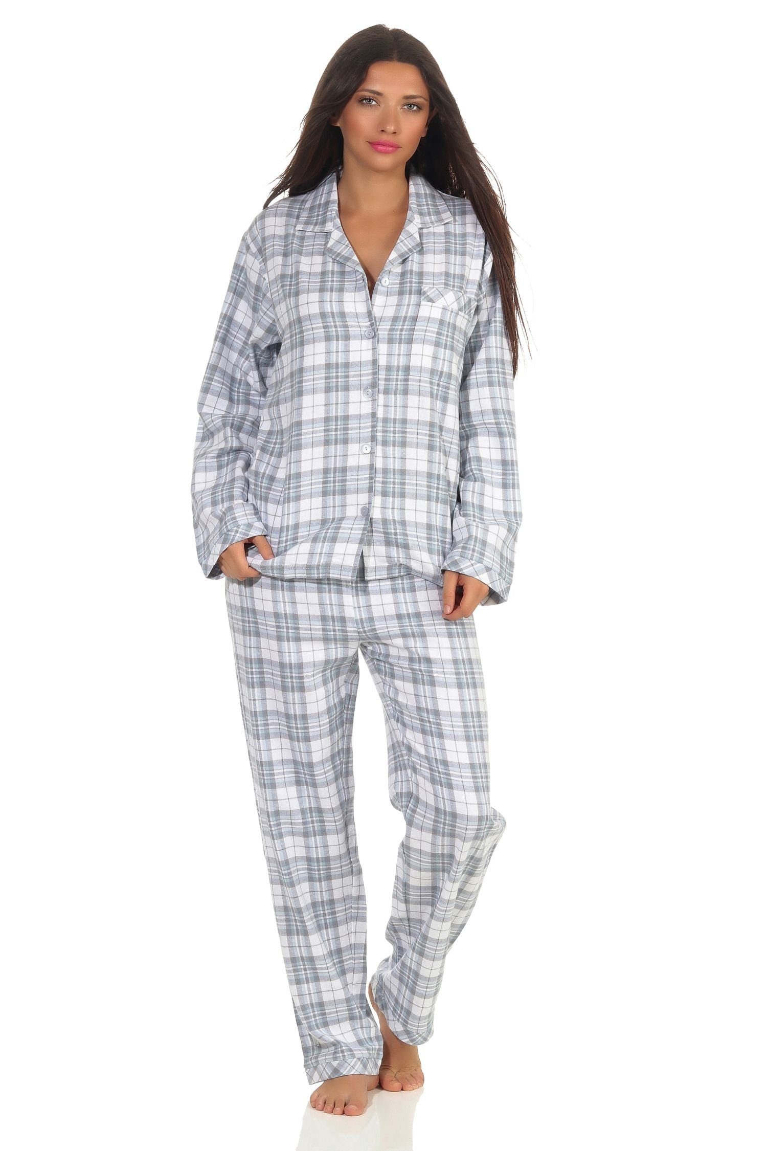 Normann Pyjama Damen langarm Flanell Schlafanzug kariert - 202 15 602 Karo blau