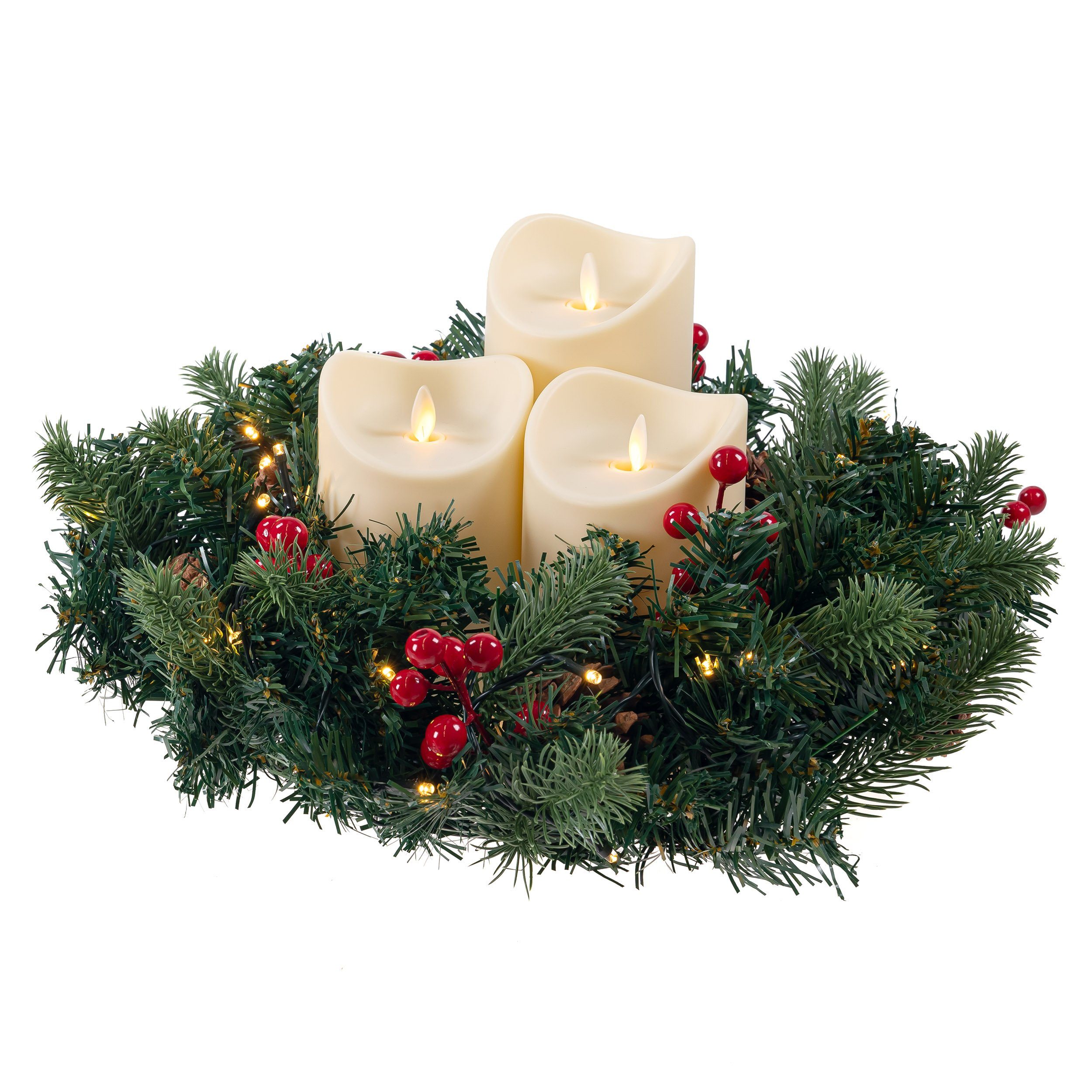 BONETTI Adventskranz Künstlicher Adventskranz mit Lichterkette und 4 LED Kerzen, batteriebetrieben, Ø 40cm, Tannenkranz mit Zapfen, Beeren, flammenlos