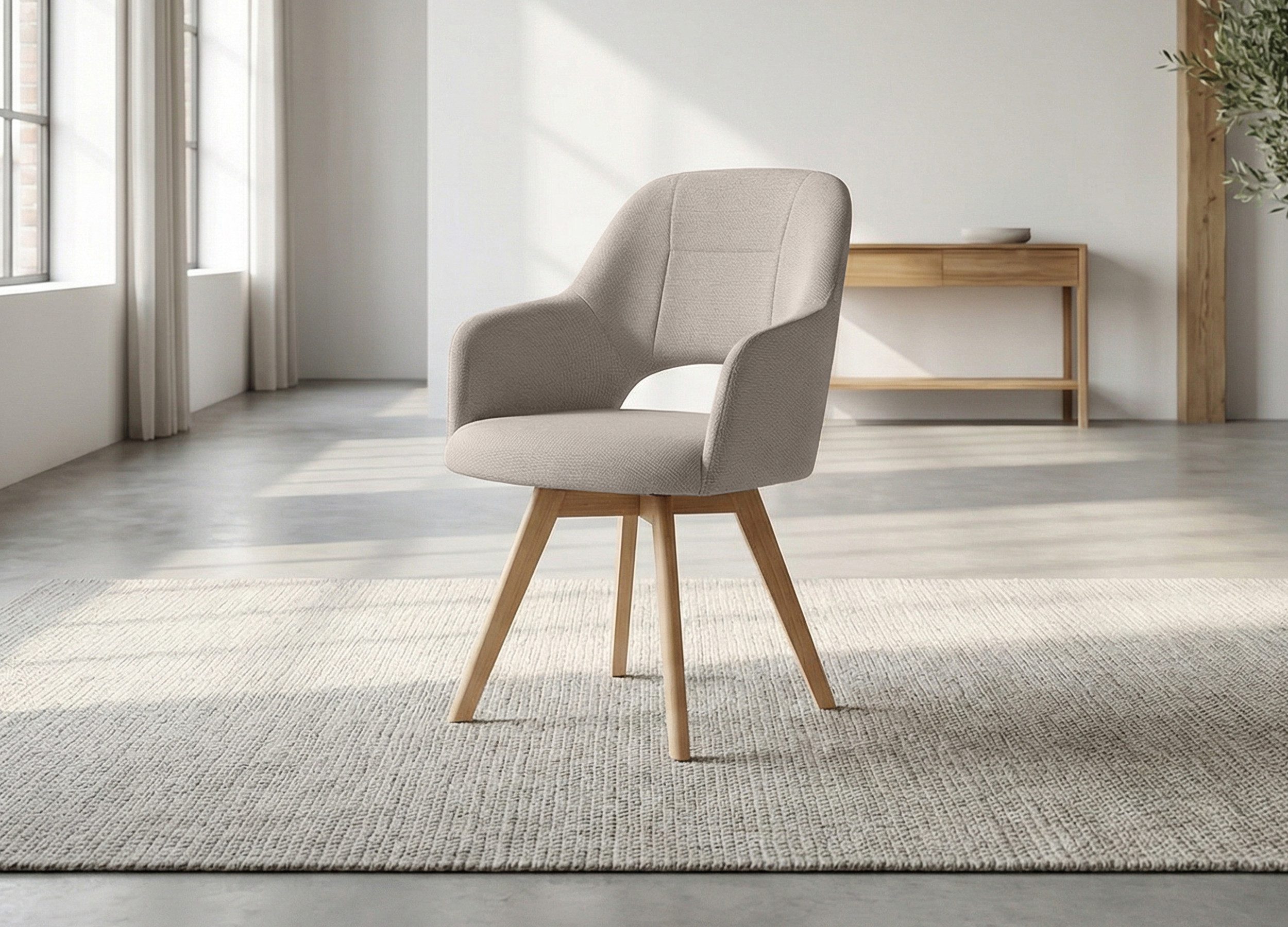 Massivart® Polsterstuhl drehbar, Esszimmerstuhl mit Armlehnen, Webstoff, »STADE«, Gestell Eiche massiv unbehandelt • Sitz fest gepolstert