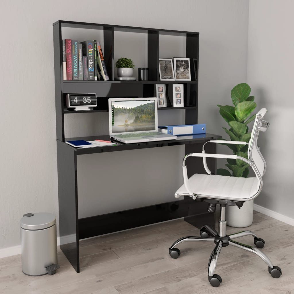 furnicato Schreibtisch Platzsparender 110 x 45 x 157 cm in Hochglanz-Schwarz (1-St), Arbeitsplatz mit Oberschrank und viel Stauraum für das Homeoffice
