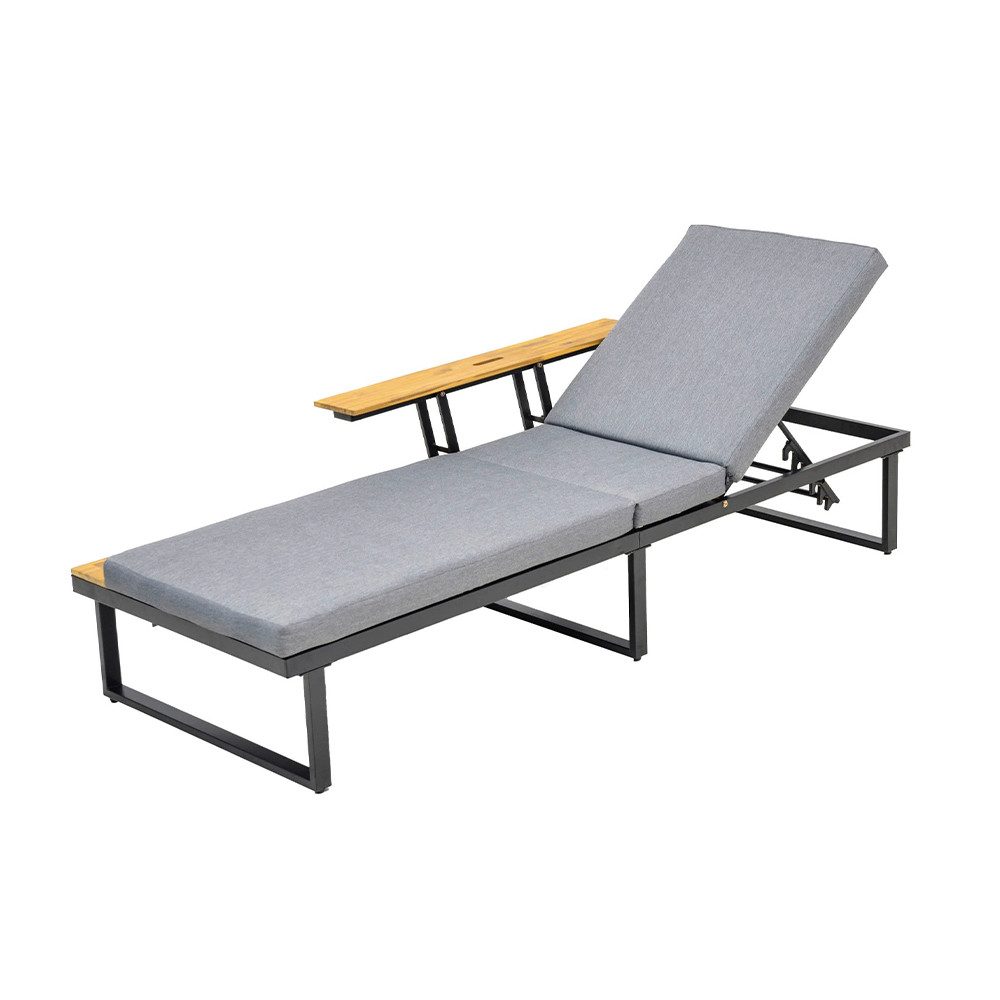 acamp Relaxliege Sonnenliege aus Stahl pulverbeschichtet verstellbar mit Polster, 8 cm Polsterauflage mit Reißverschluss wasserabweisend, Seitenablage aus FSC Akazienholz teakfarben geölt