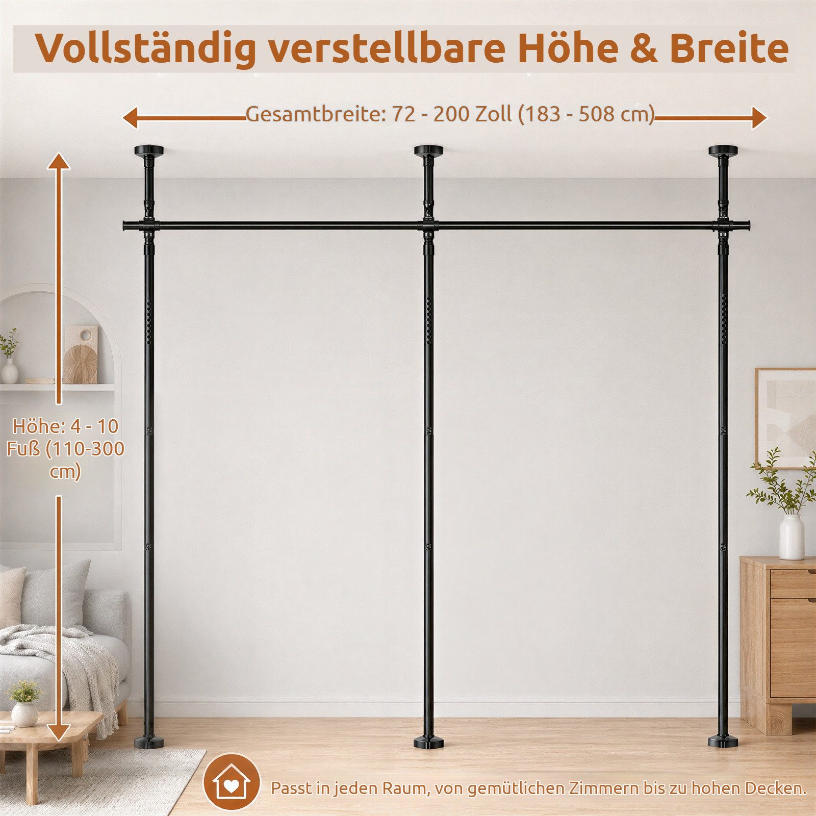 BlingBin Raumteiler Bohrfreier Raumteiler Spannstange, verstellbares Raumtrenn‑Spannsystem, 3‑vertikal 2‑horizontal, mit Vorhang,Höhe 110‑300 cm,Breite 183‑508  – Bild 2 von 5