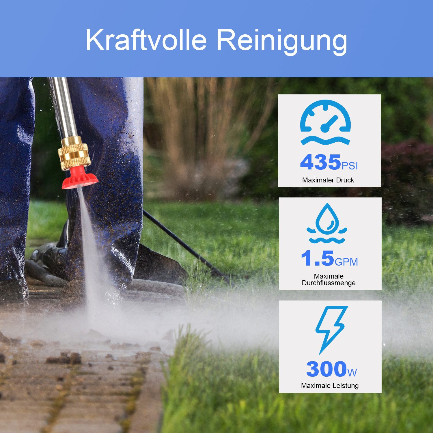 WILGOON Akku-Hochdruckreiniger Hochdruckreiniger mit Zwei 21V 24Ah Akku, 110W Leistung, drei Düsen, Druck max: 300 bar, Fördermenge max: 240 l/h, (Wasserschlauch, Schaumsprühflasche, 6-in-1-Sprühkopf, Werkzeugkoffer), Handgerät Hochdruckreiniger, Bürstenloser Motor, 5m Schlauch