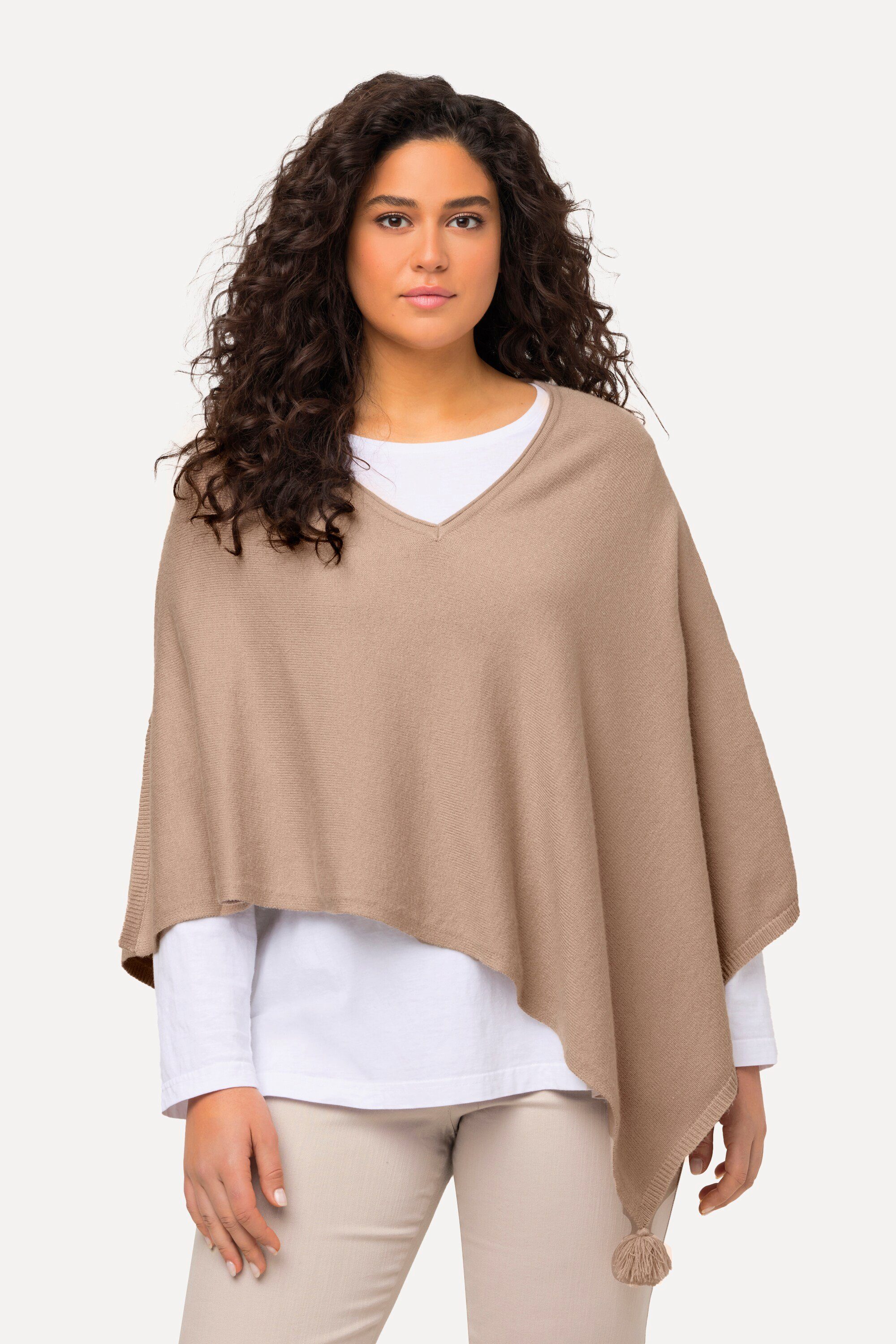 Strickpullover Strick-Poncho Zipfelsaum Quaste V-Ausschnitt