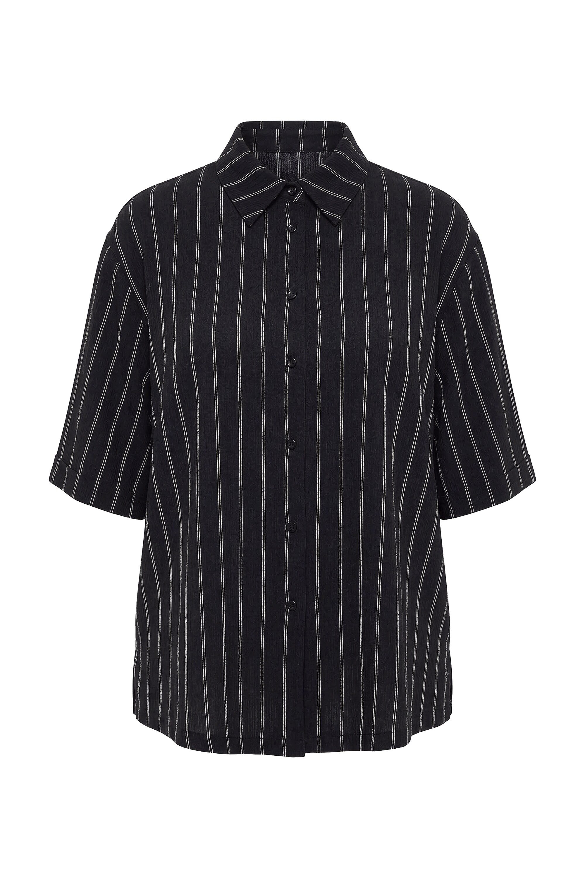 Ulla Popken Hemdbluse Jerseybluse Streifen Hemdkragen Halbarm günstig online kaufen