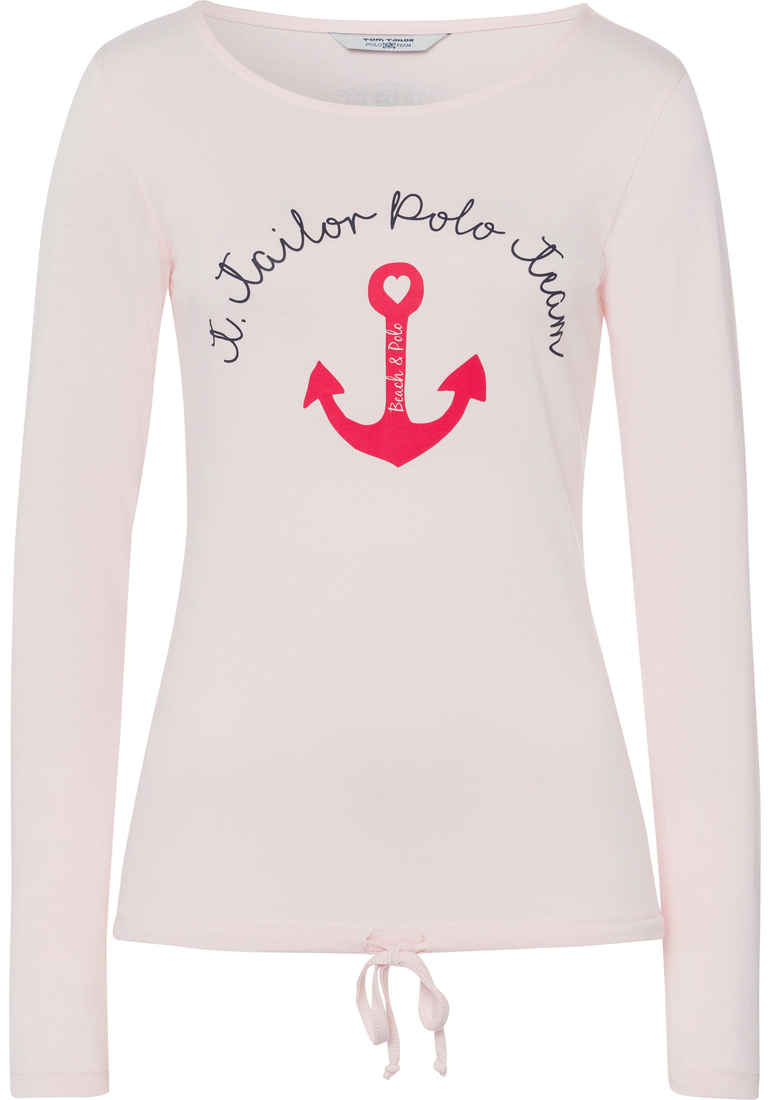 Damen Shirts TOM TAILOR Polo Team Langarmshirt mit Bindeband am Saum und maritimem Frontprint - NEUE KOLLEKTION