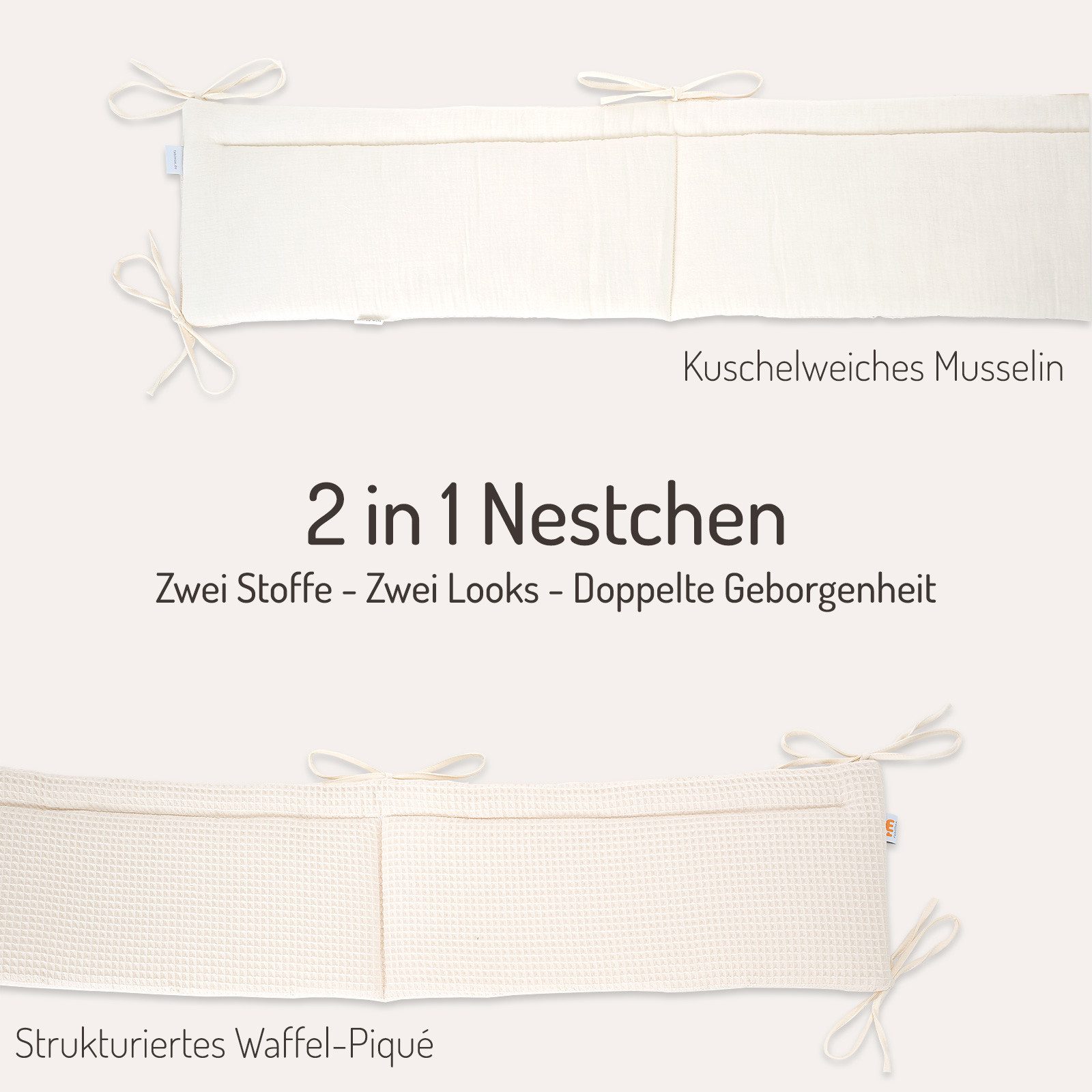 FabiMax Bettnestchen Musselin + Waffel-Piqué 2 in 1 Nestchen für Beistellbett Boxspring, 2in1 Wendedesign, 100% Baumwolle, Made in EU