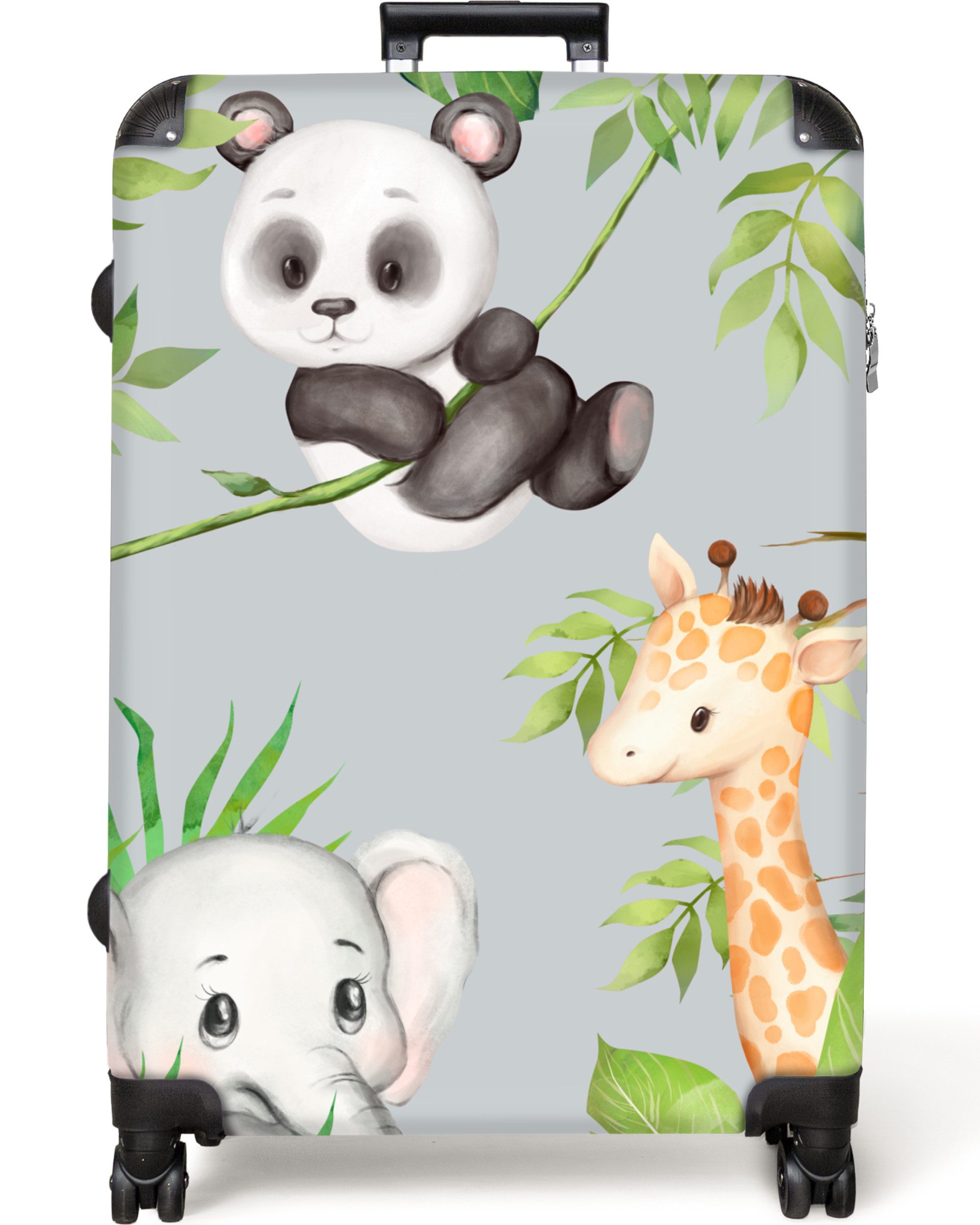 NoBoringSuitcases.com© Kinderkoffer Dschungel - Panda - Elefant - Giraffe - Kinder 77 cm - 98 L, 8 Rollen, Großer Reisetasche mit Rollen für 30kg, Kinderkoffer