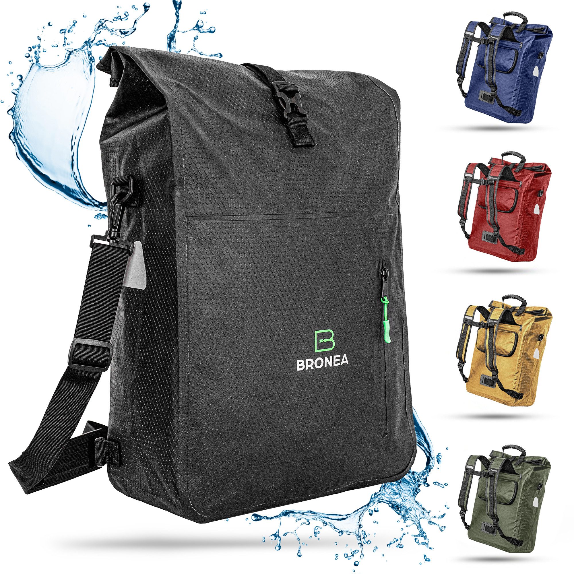 Bronea Fahrradtasche 3-in-1 Wasserdicht - 28L - SCHWARZ - Kombi Rucksack & Umhängetasche (Schnellmontage an Gepäckträger, integrierte Laptoptasche), Diamond-Struktur Laptoptasche 100% Wasserdicht Reflektierende Elemente